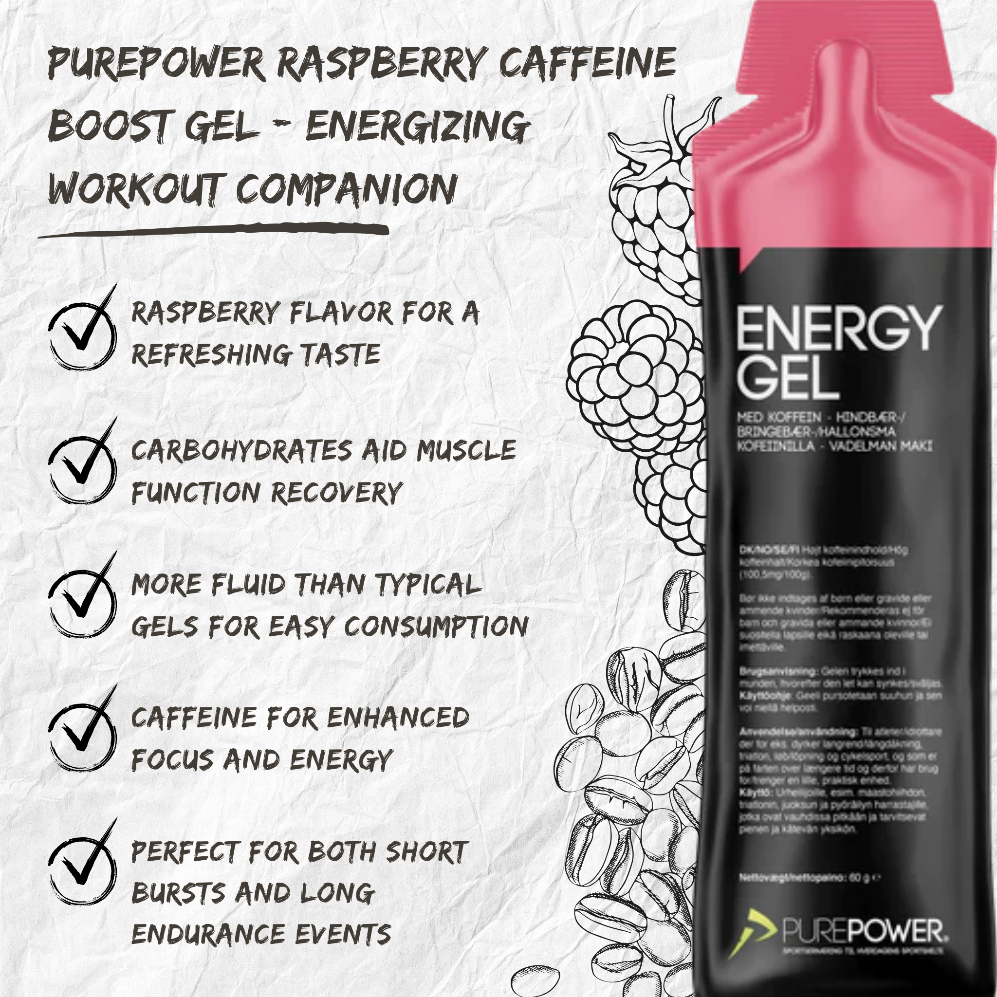 PurePower Energi gel Raspberry med Koffein (60g) DATOVARE