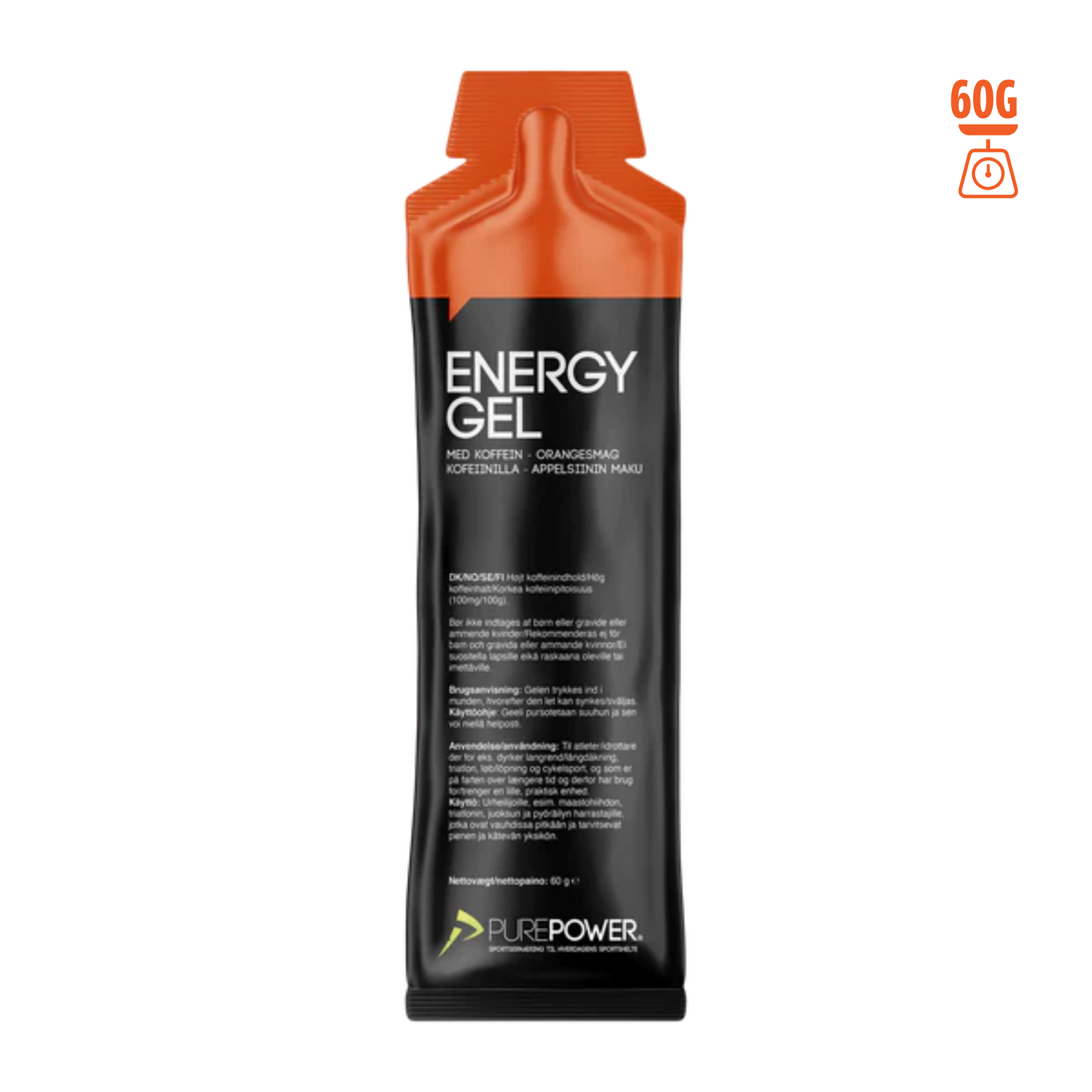 PurePower Energigel Orange med Koffein (60g) Box med 12 stk.