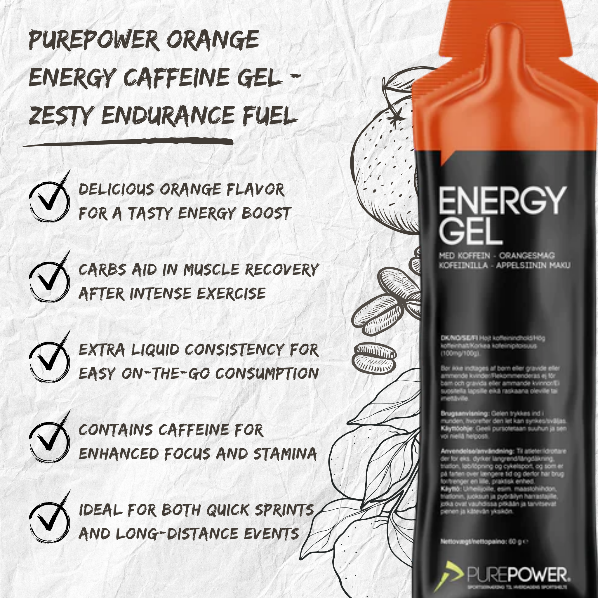 PurePower Energi gel Orange med Koffein (60g) DATOVARE