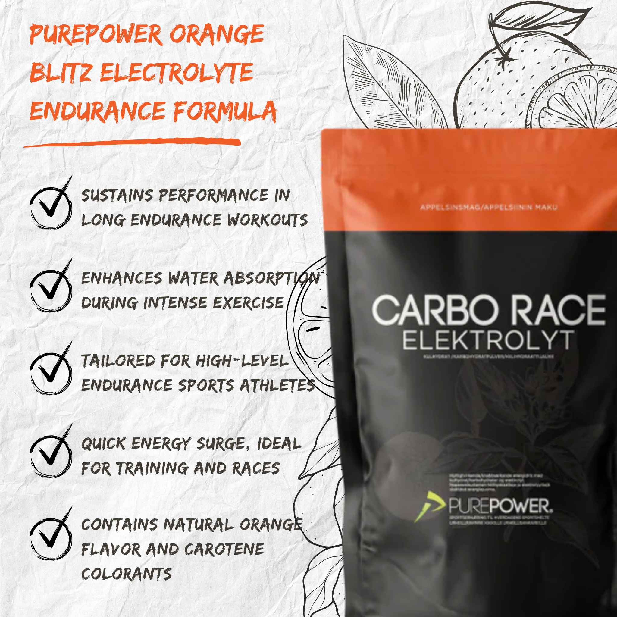 PurePower Carbo Race Electrolyte Energidrik Orange (1000g)