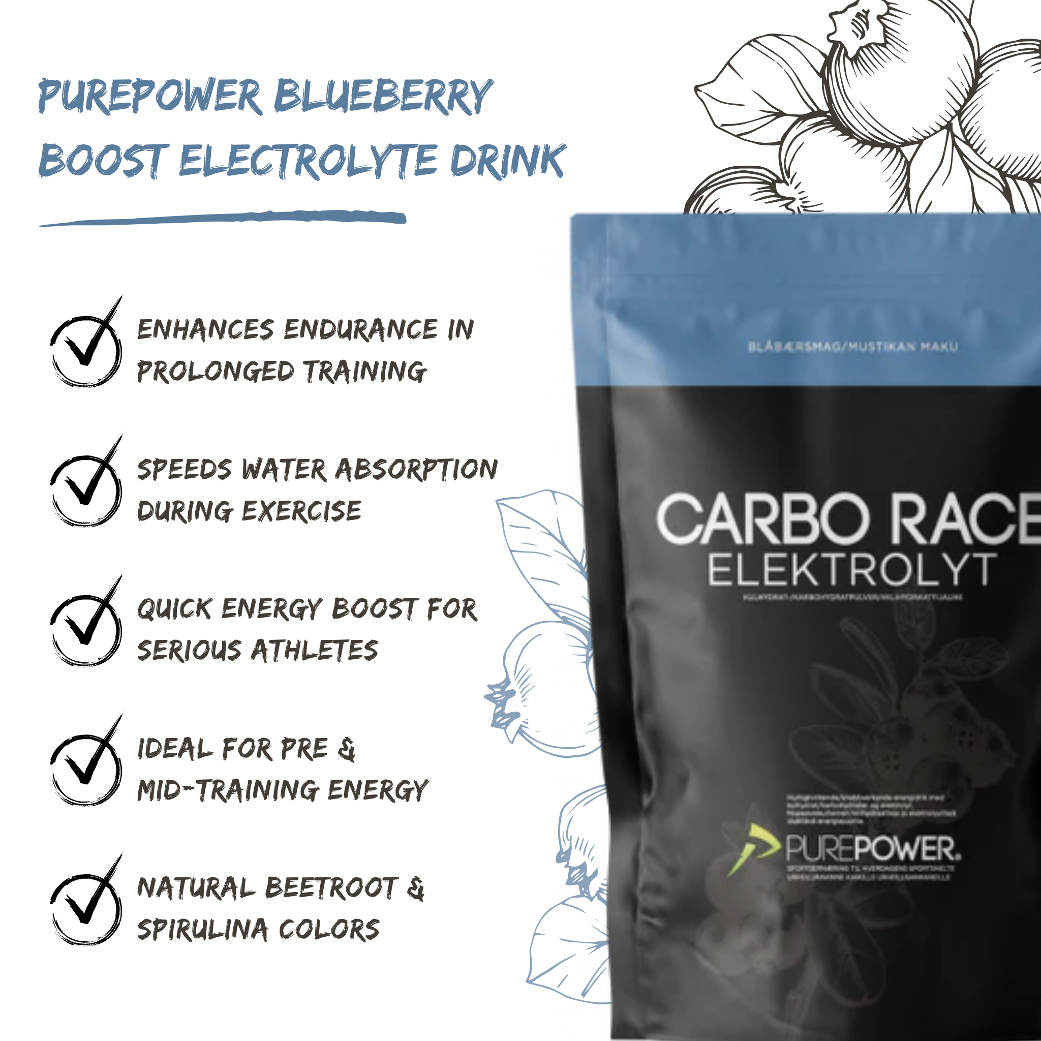 PurePower Carbo Race Electrolyte Energidrik Blueberry (1000g)