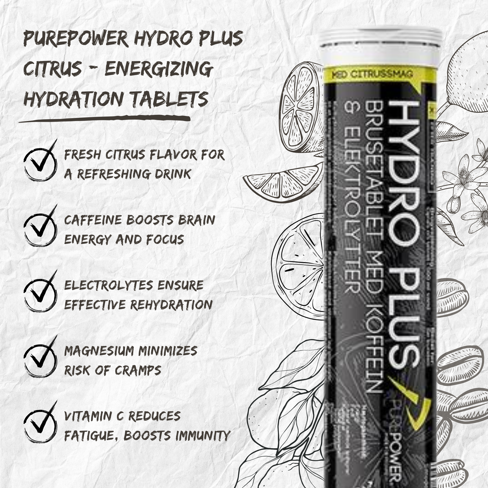 PurePower Elektrolyttabs Citrus med Koffein (20 tabs)