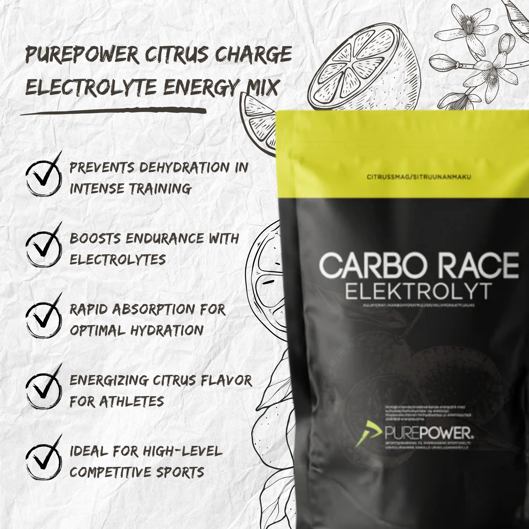 PurePower Carbo Race Electrolyte Energidrik Citrus (1000g)