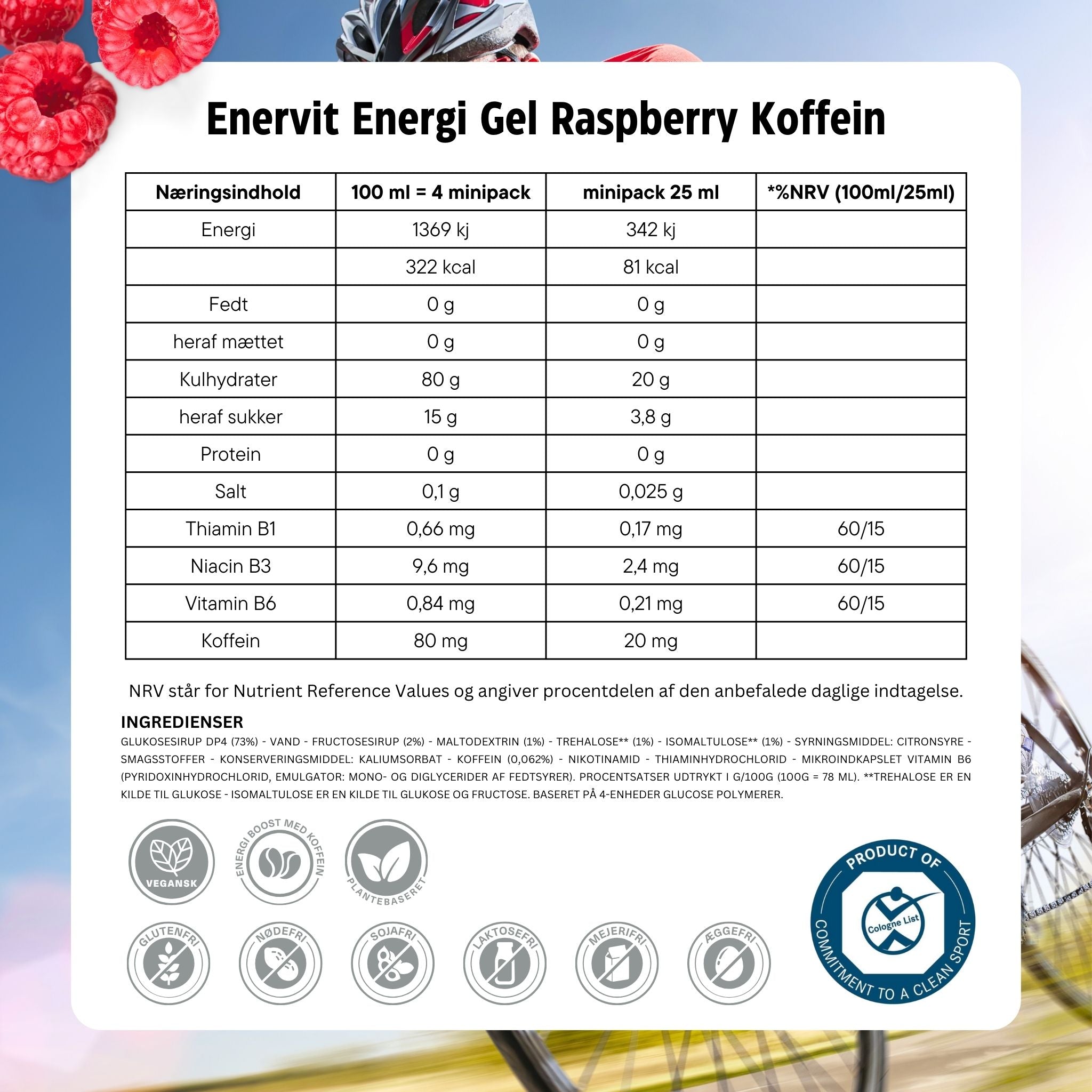 Enervit Energi gel Raspberry med Koffein (25ml) Datovare