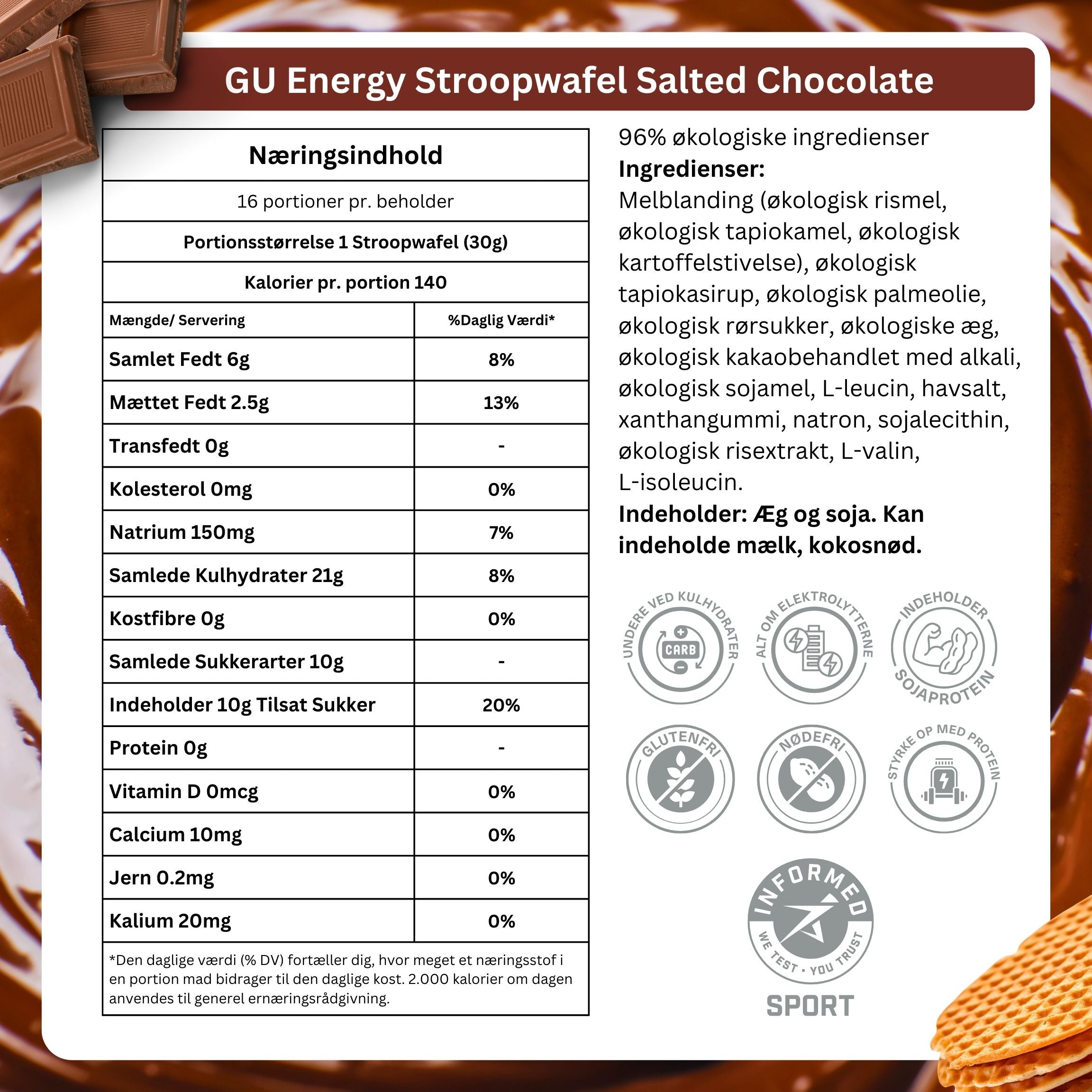 GU Energi Stroopwafel Salted Chocolate glutenfri 16x30g - DATOVARE - Danish Ingredients