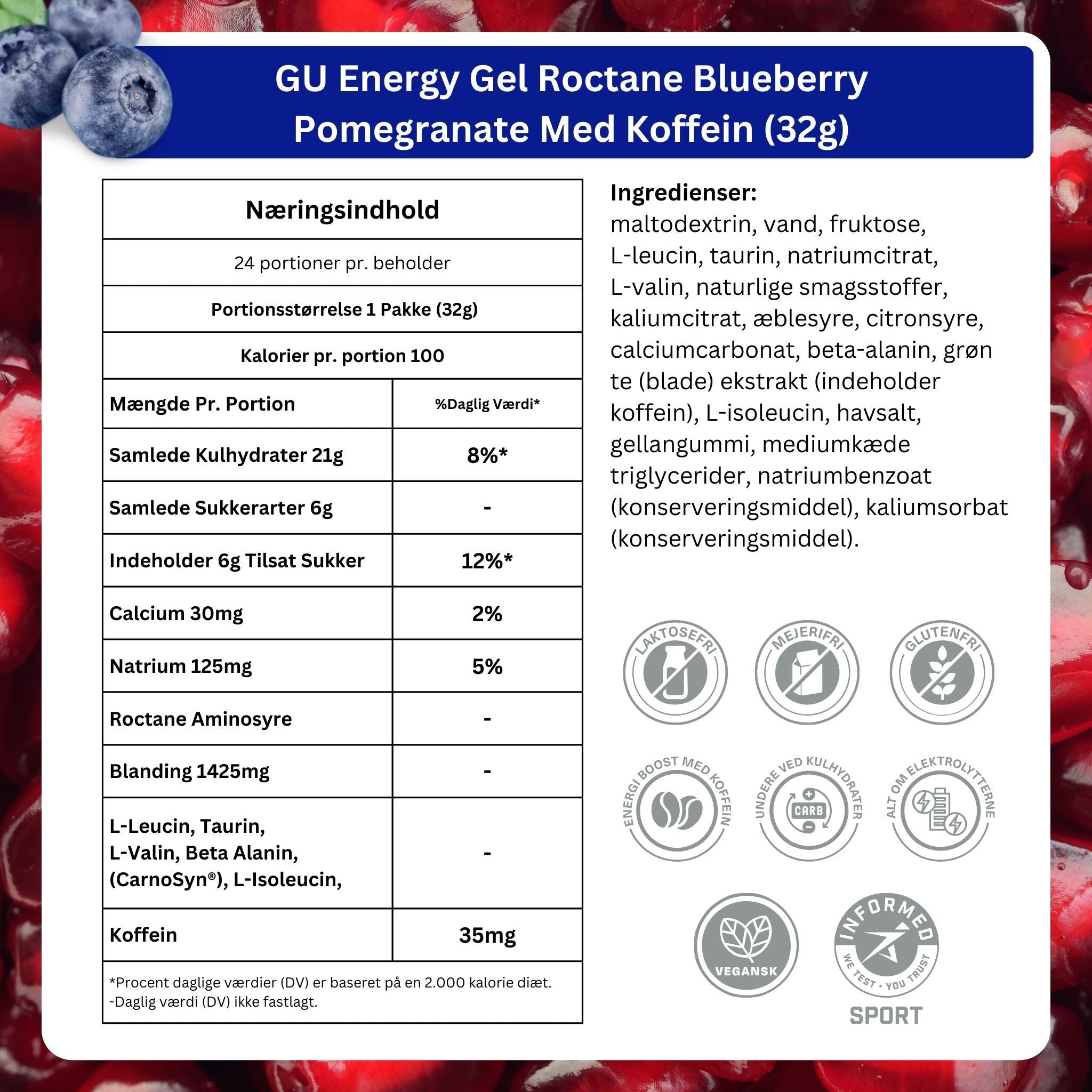 GU Energy Energigel Roctane Blueberry Pomegranate med koffein (24 x 32g)