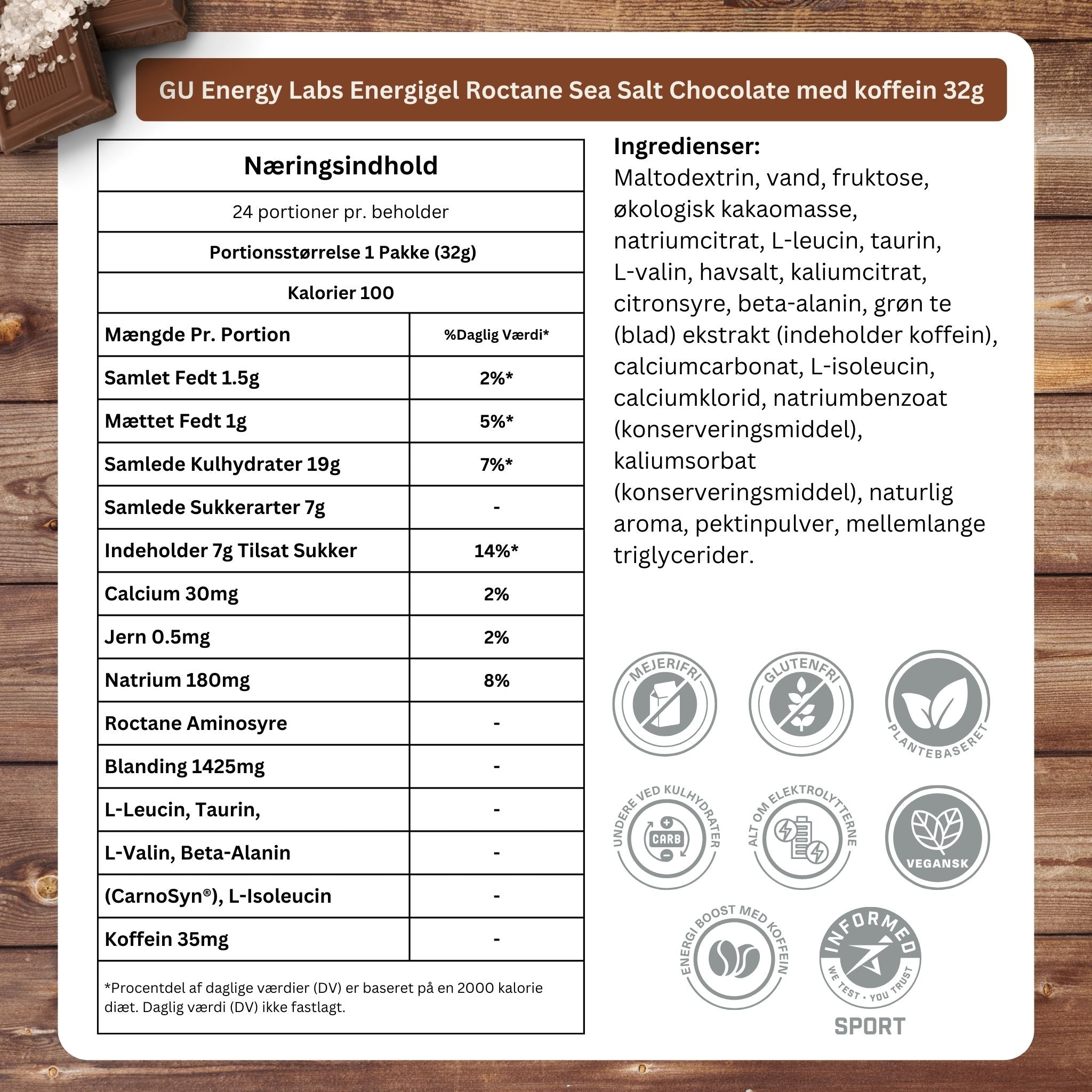 GU Energy Energigel Roctane Sea Salt Chocolate med koffein (24x32g) DATOVARE