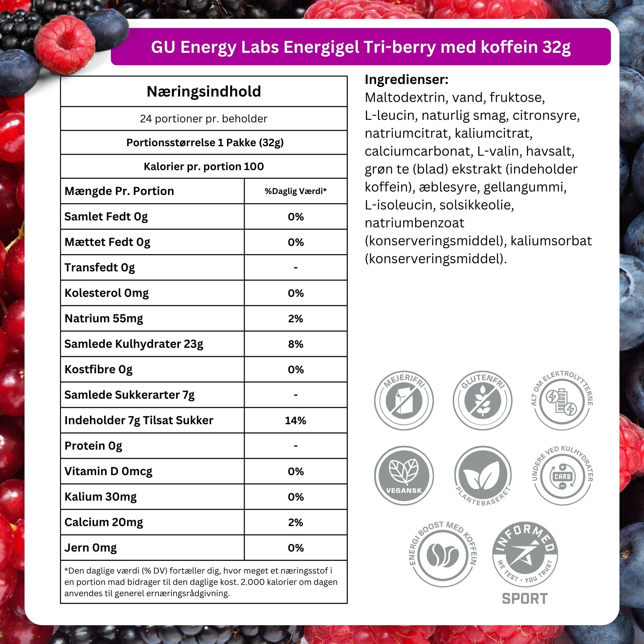 GU Energy Energigel Tri-berry med koffein (24 x 32g)
