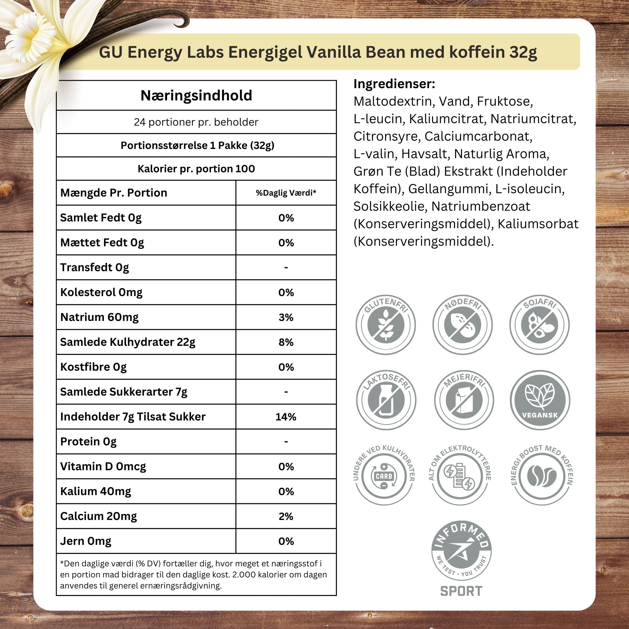 GU Energy Energigel Vanilla Bean med koffein 32g - 24 pack