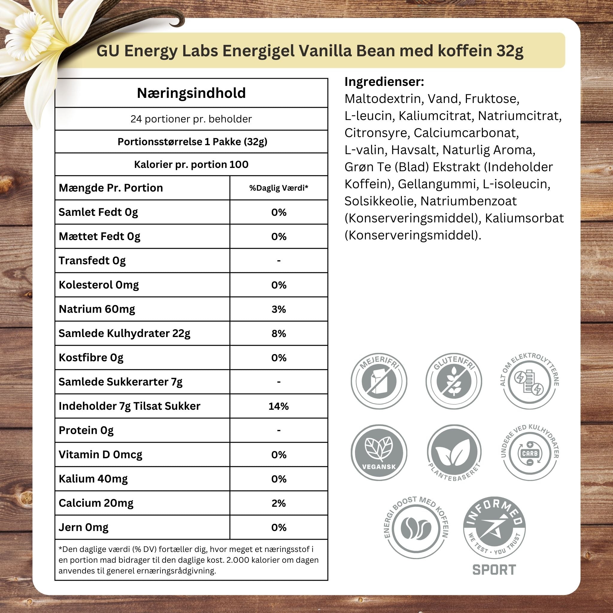 GU Energy Energigel Vanilla Bean med koffein (24 x 32g) DATOVARE