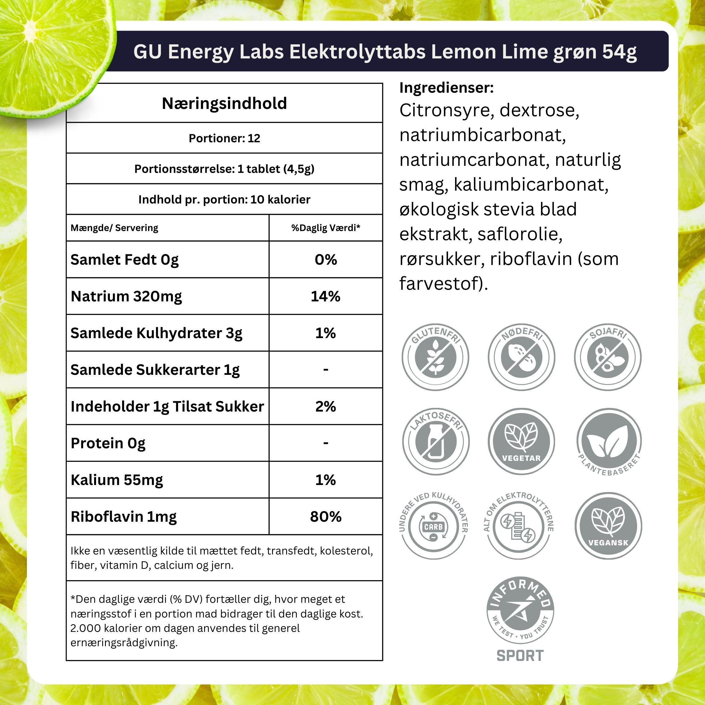 GU Energy Labs Elektrolyttabs Lemon Lime grøn 56 g - Danish Ingredients