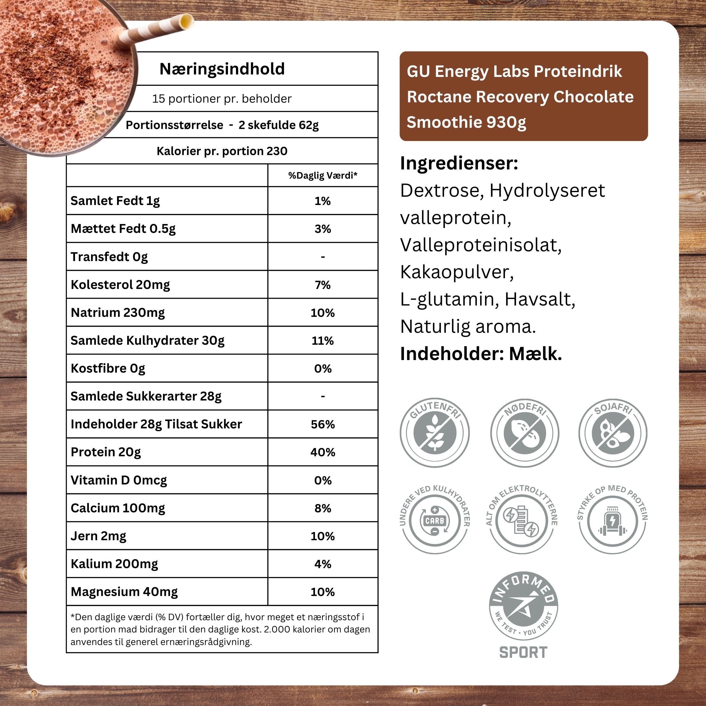 GU Energy Proteindrik Roctane Recovery Chocolate Smoothie 930g - Danish Ingredients
