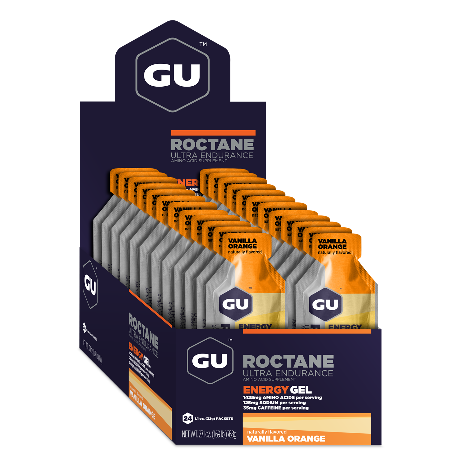 GU Energy Energigel Roctane Vanilla Orange med Koffein (24 x 32g) DATOVARE