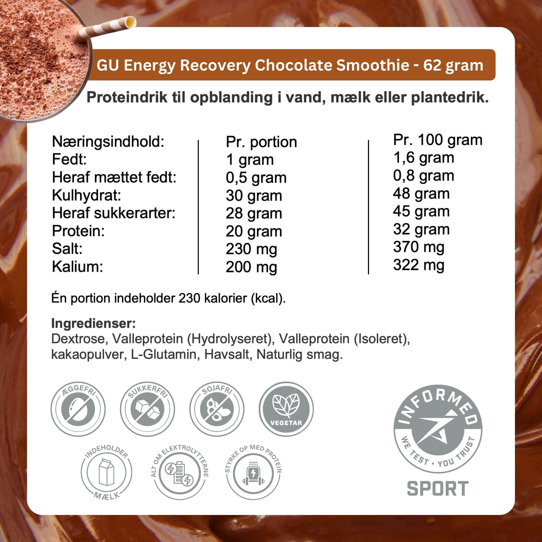 GU Roctane Recovery Proteindrik Chocolate Smoothie 65g - 10 box - Danish Ingredients