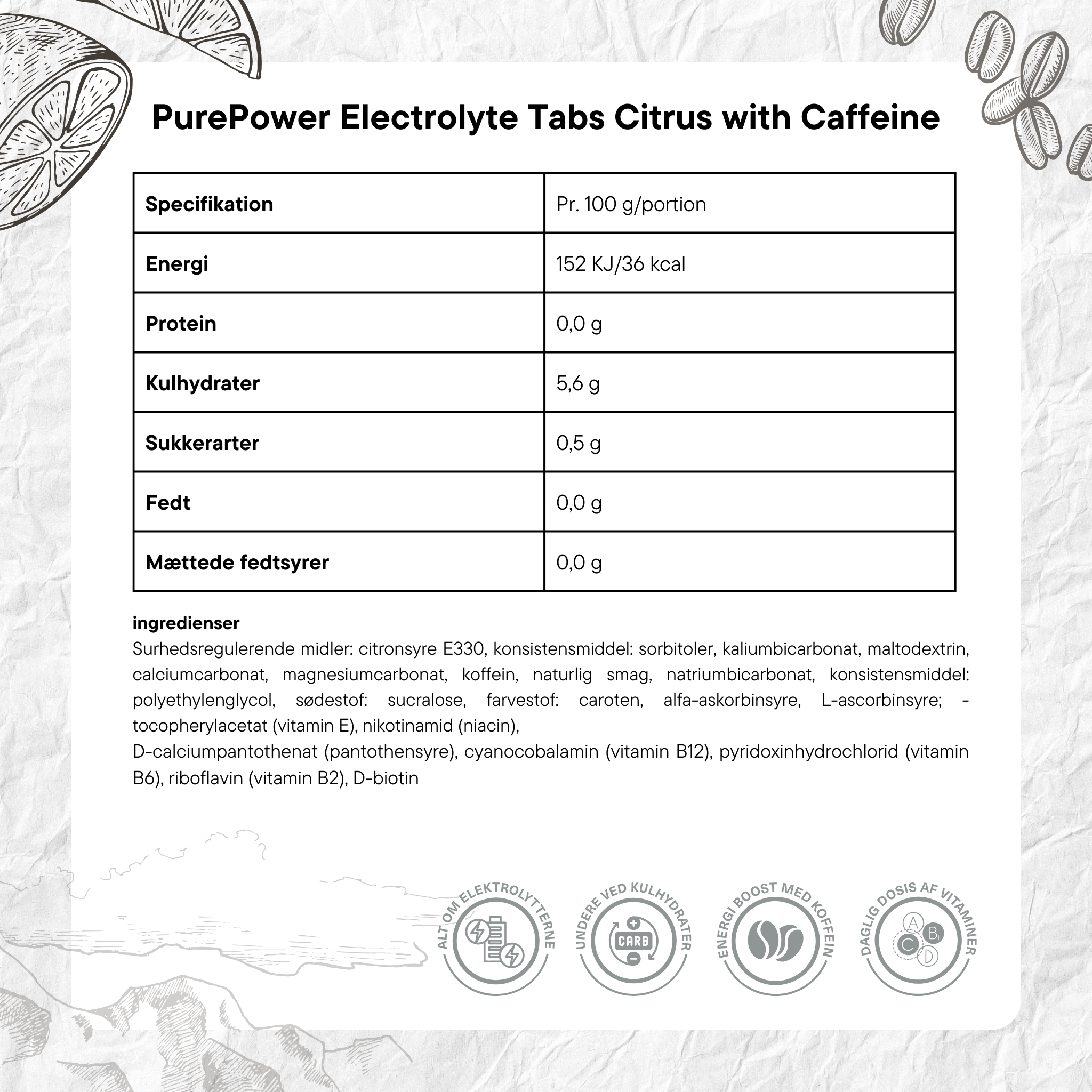 PurePower Elektrolyttabs Citrus med Koffein (20 tabs)