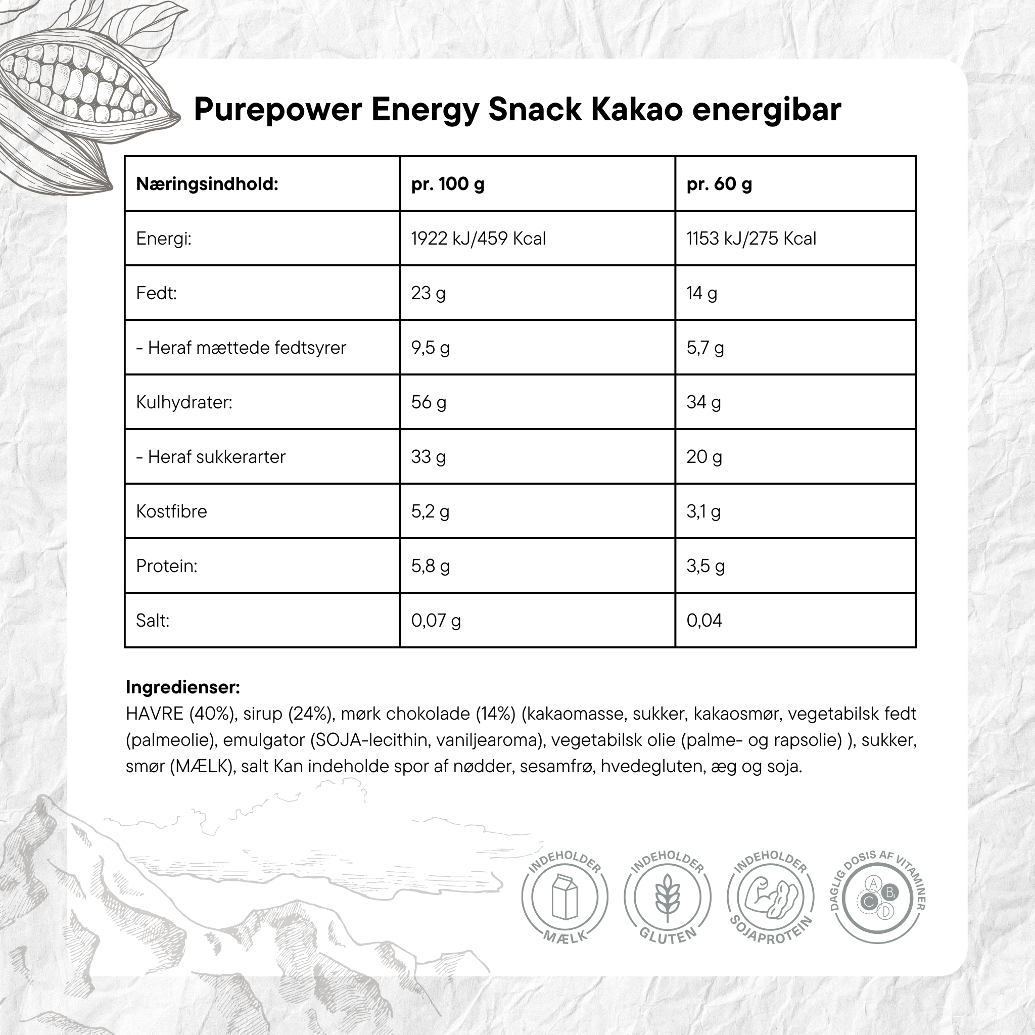 PurePower Energibar Havre/Kakao (12x60g) - DATOVARE