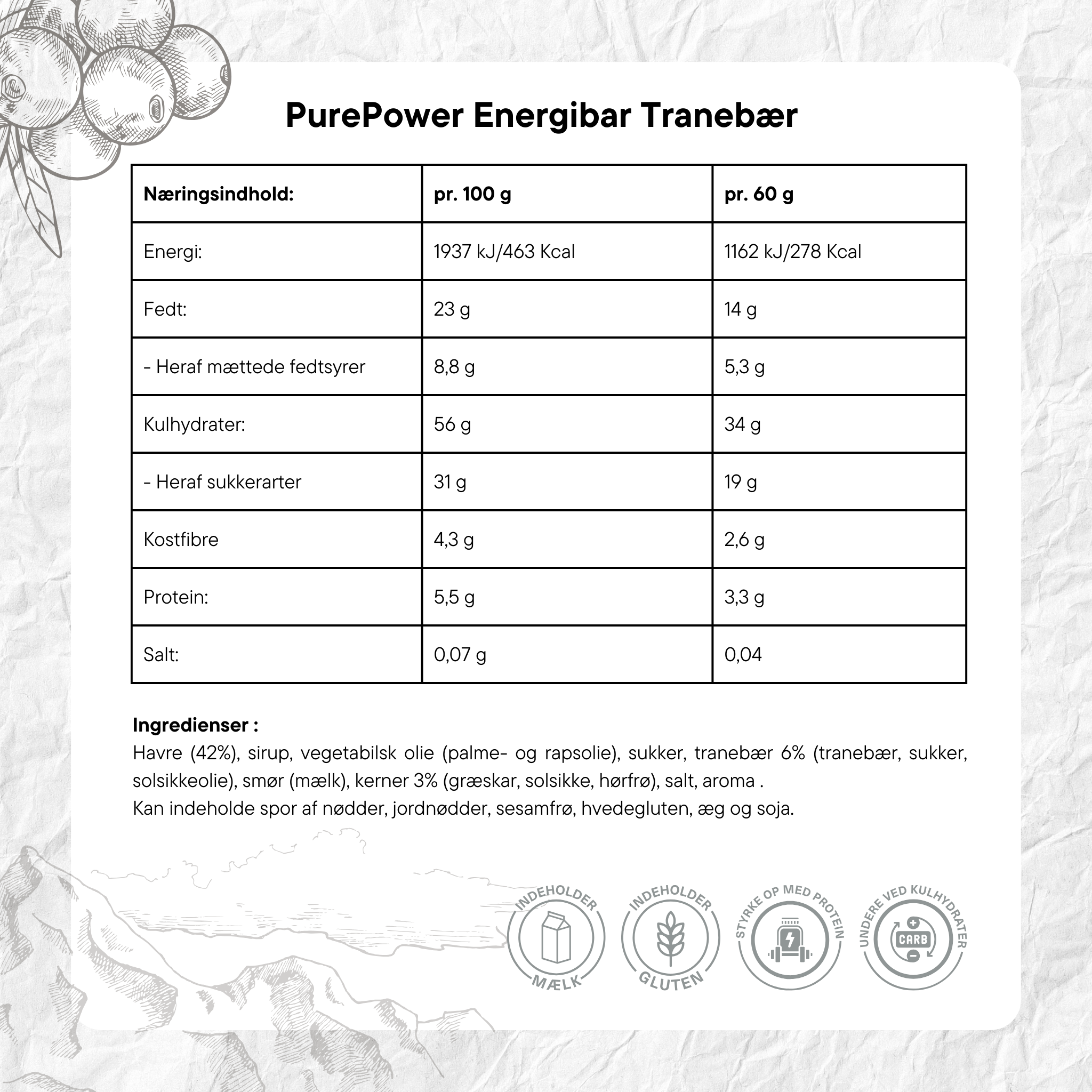PurePower Energibar Tranebær (12x60g)