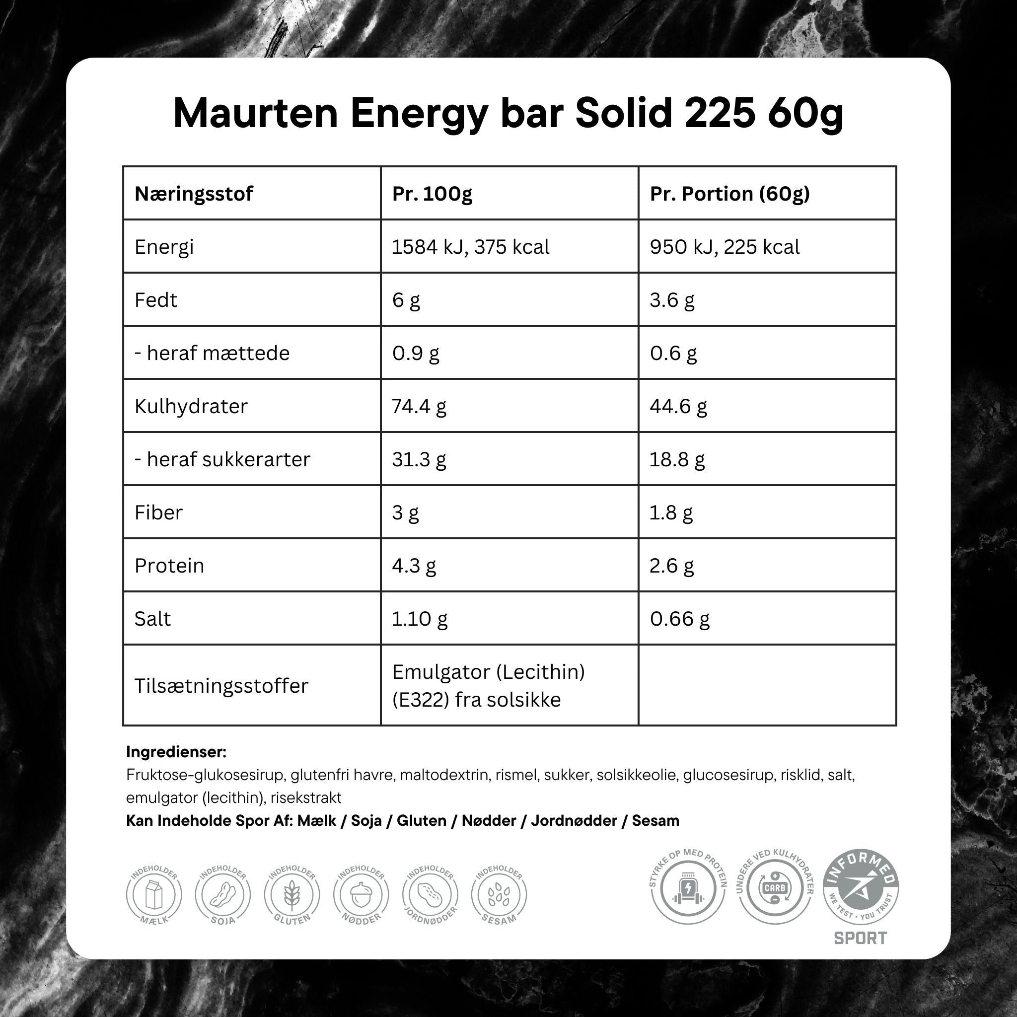 Maurten Energy bar Solid 225 60g Ingredients DK