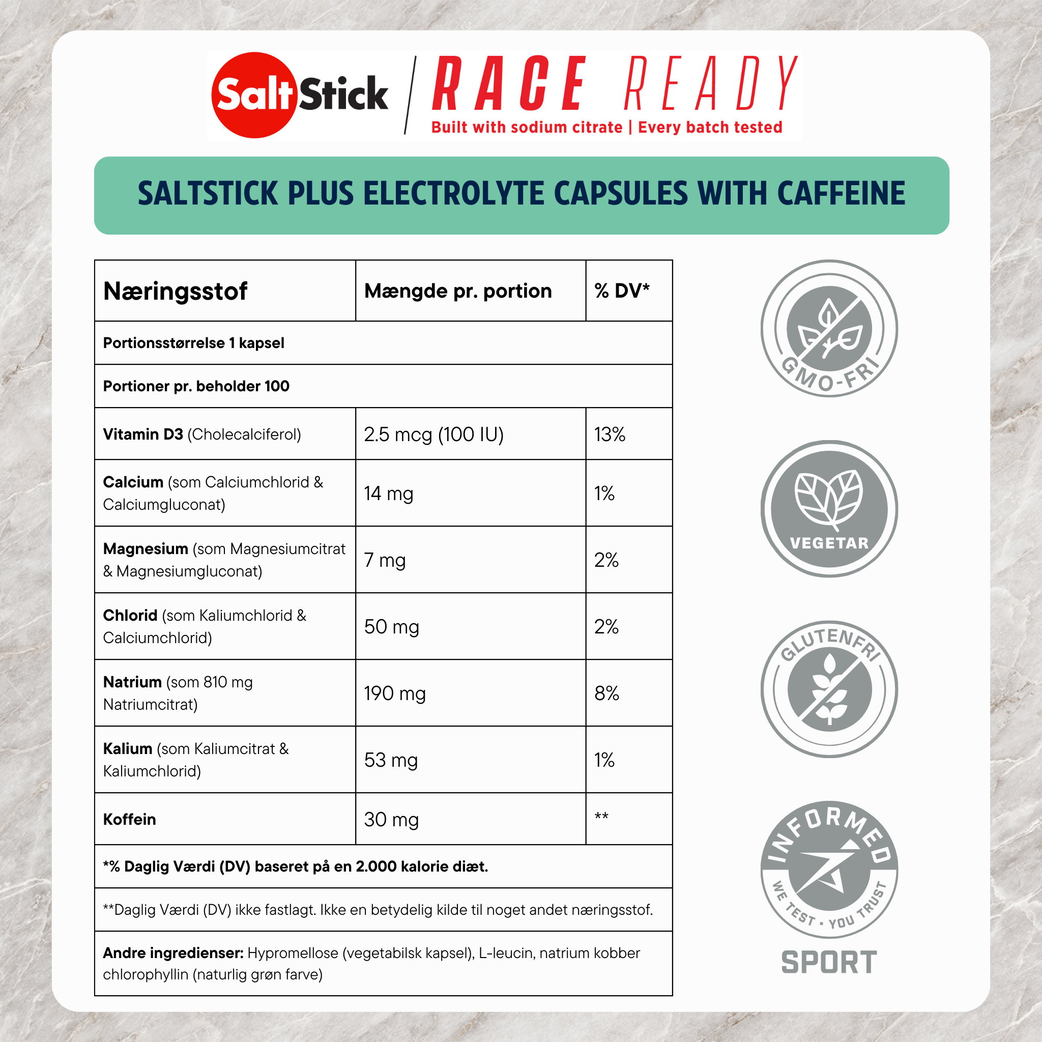 SaltStick PLUS Elektrolytkapsler med koffein (100 kapsler)