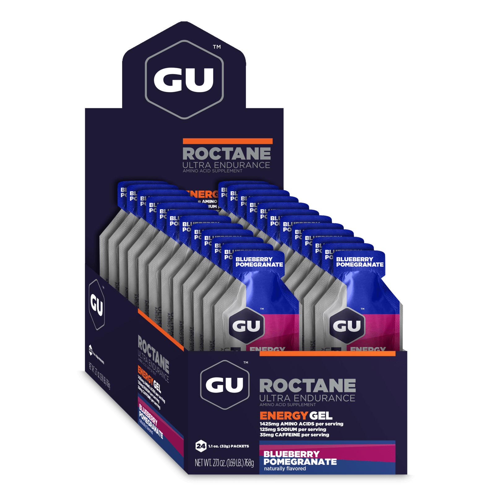GU Energy Energigel Roctane Blueberry Pomegranate med koffein (24 x 32g)