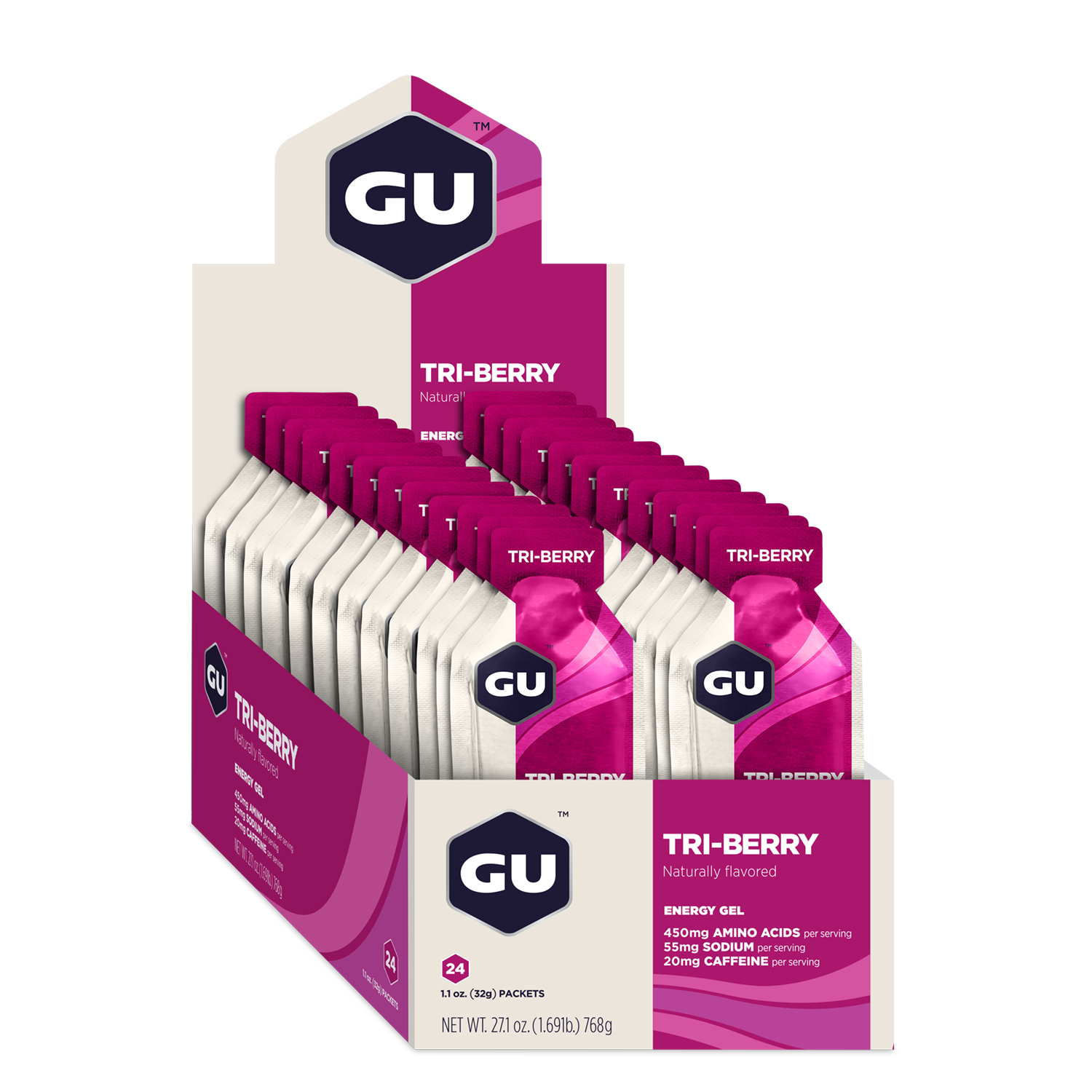 GU Energy Energigel Tri-berry med koffein (24 x 32g)