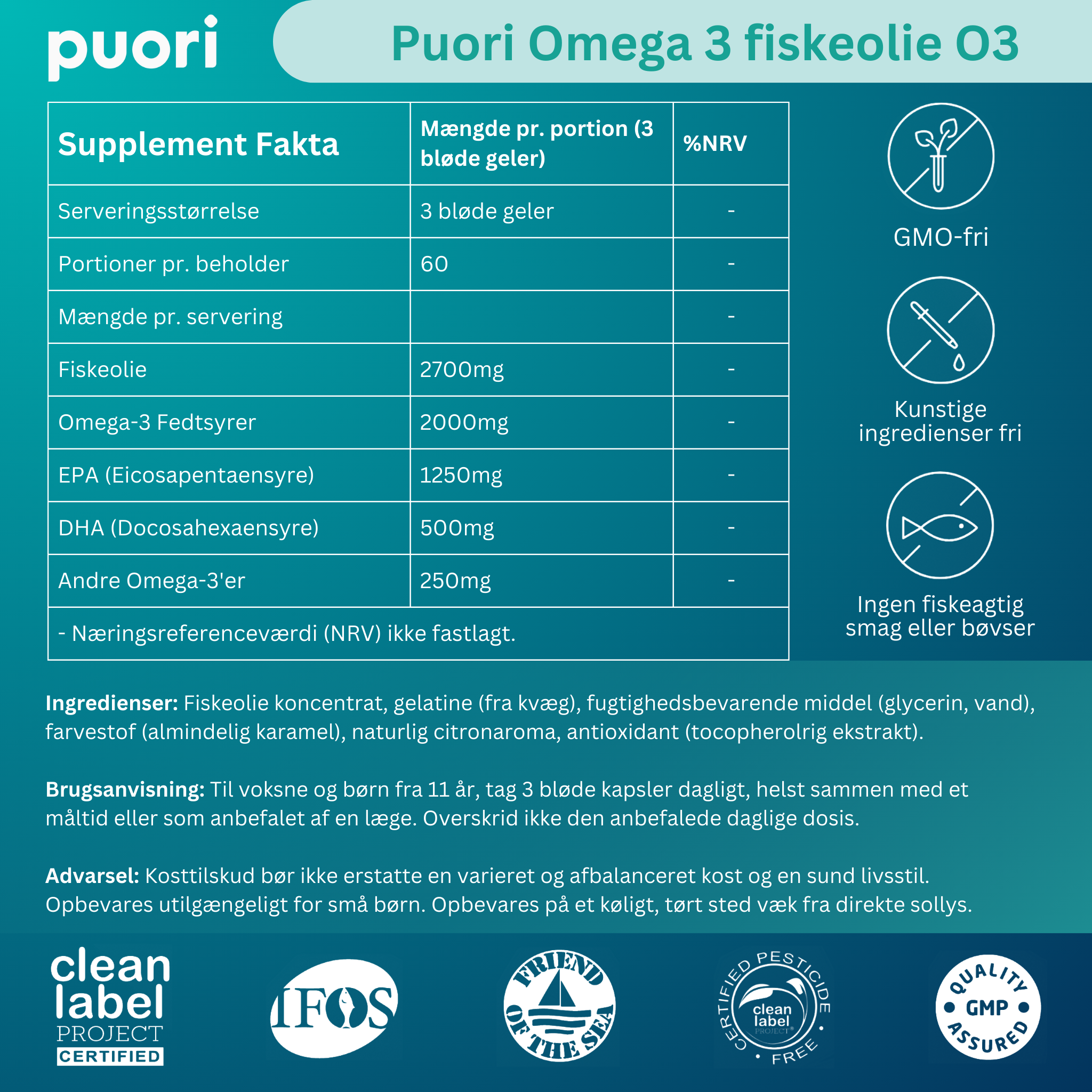 Puori Omega-3 Fish Oil O3 (180 kapsler)
