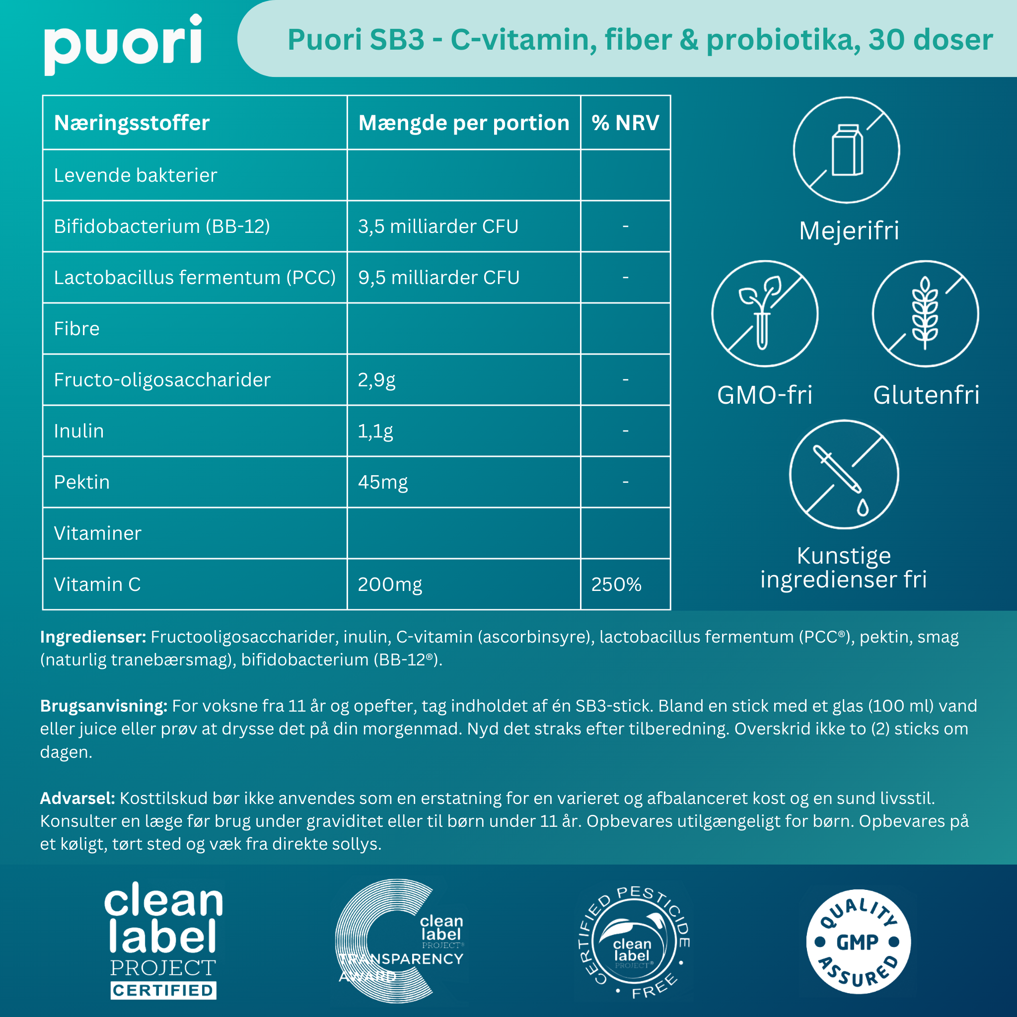Puori SB3 Vitamin C, Fiber & Probiotics (30 Servings)