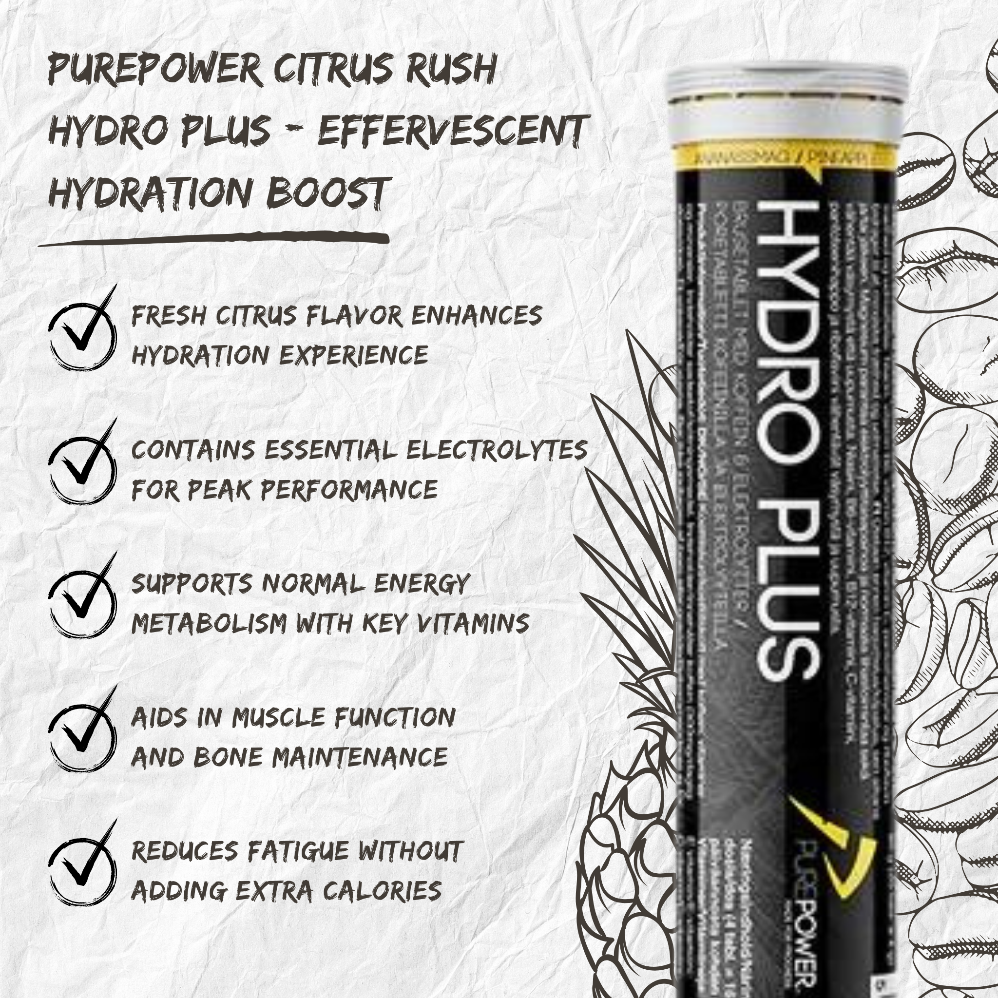 PurePower Elektrolyttabs Pineapple med Koffein (20 tabs)