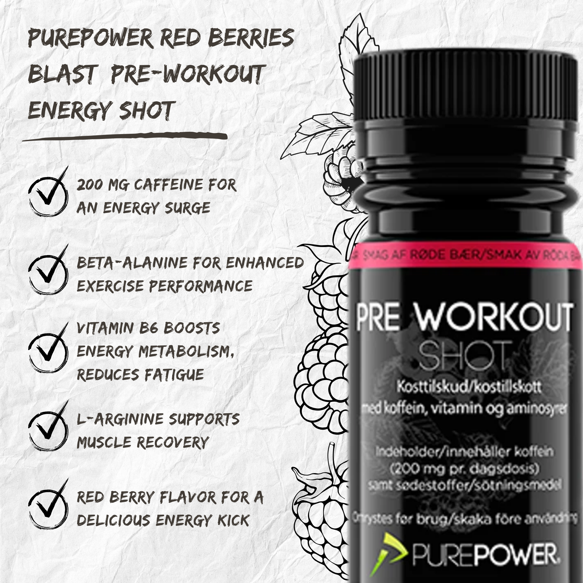 PurePower Energidrik Pre Workout Shot Redberry med Koffein (60ml)