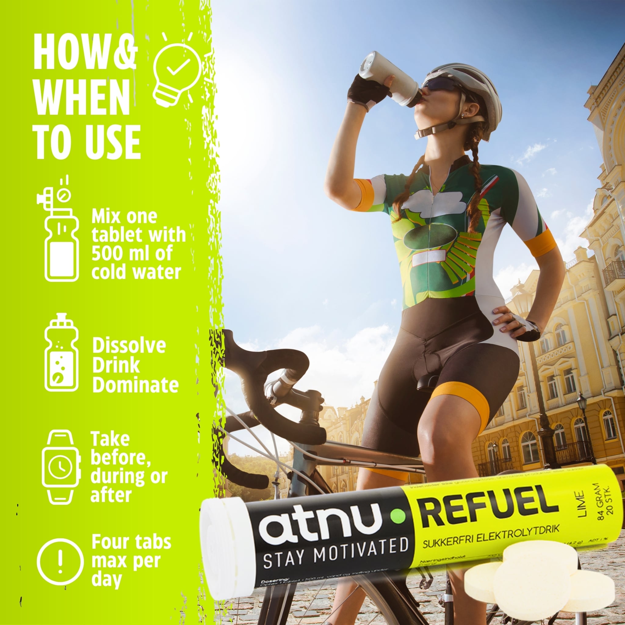 ATNU Refuel Elektrolyttabs Lime (20 tabs) - Usage instructions