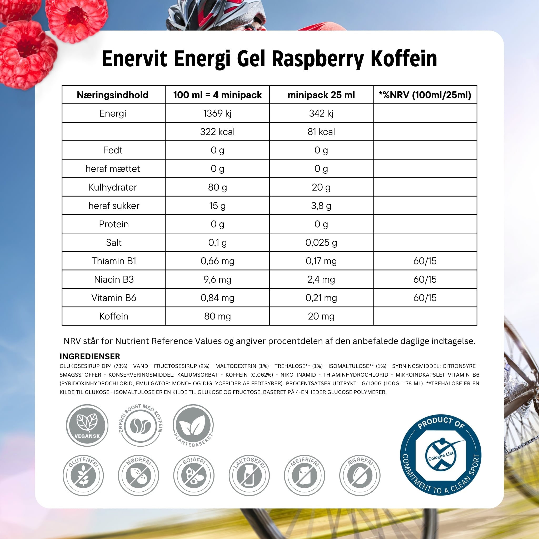 Enervit Energy Raspberry with Caffeine Gel 25ml - Ingredients facts