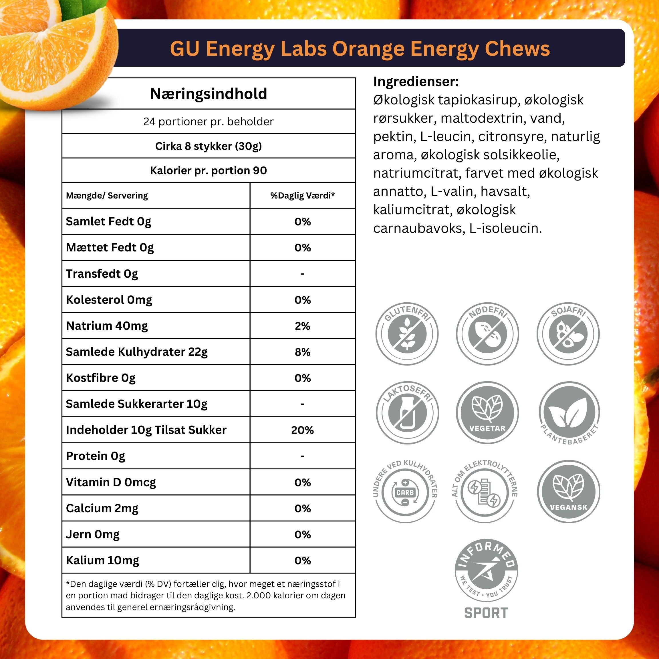GU Energy Chews Orange 60g 12 pack Danish Ingredients
