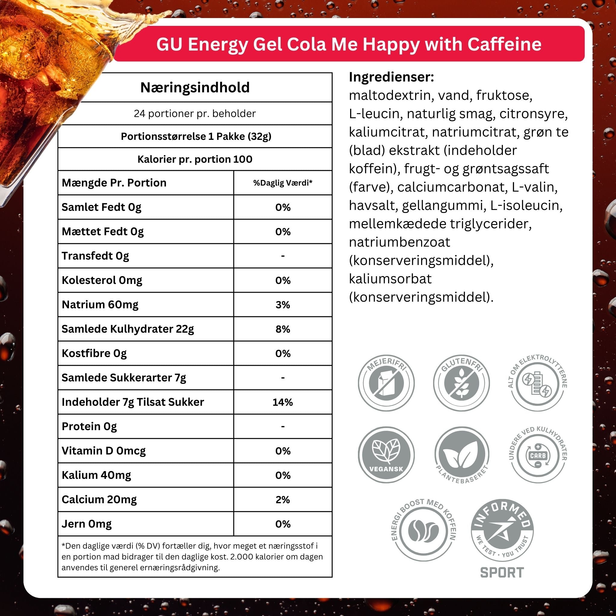 GU Energy Energigel Cola Me Happy med koffein (24 x 32g)