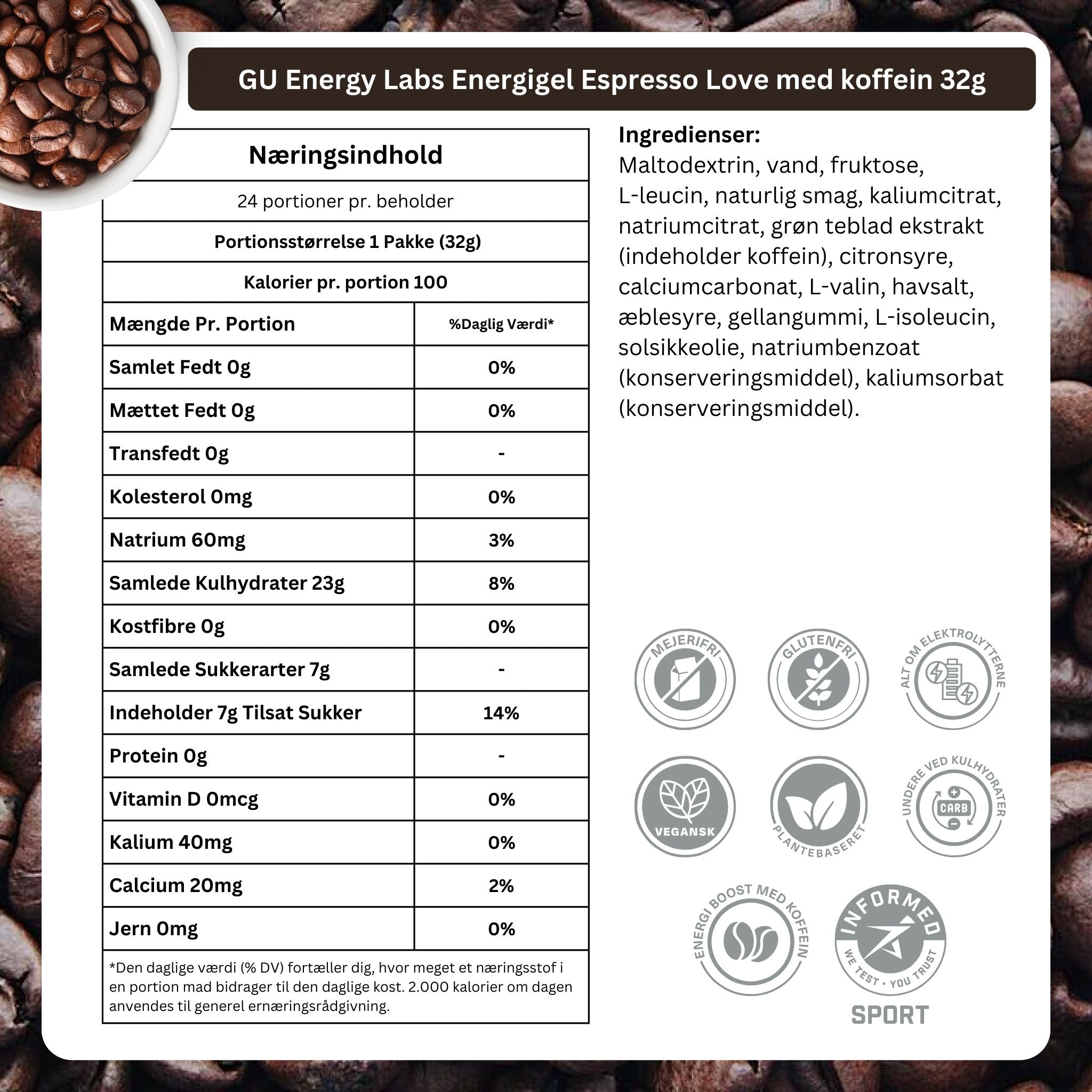 GU Energy Energigel Espresso Love med koffein (24 x 32g)