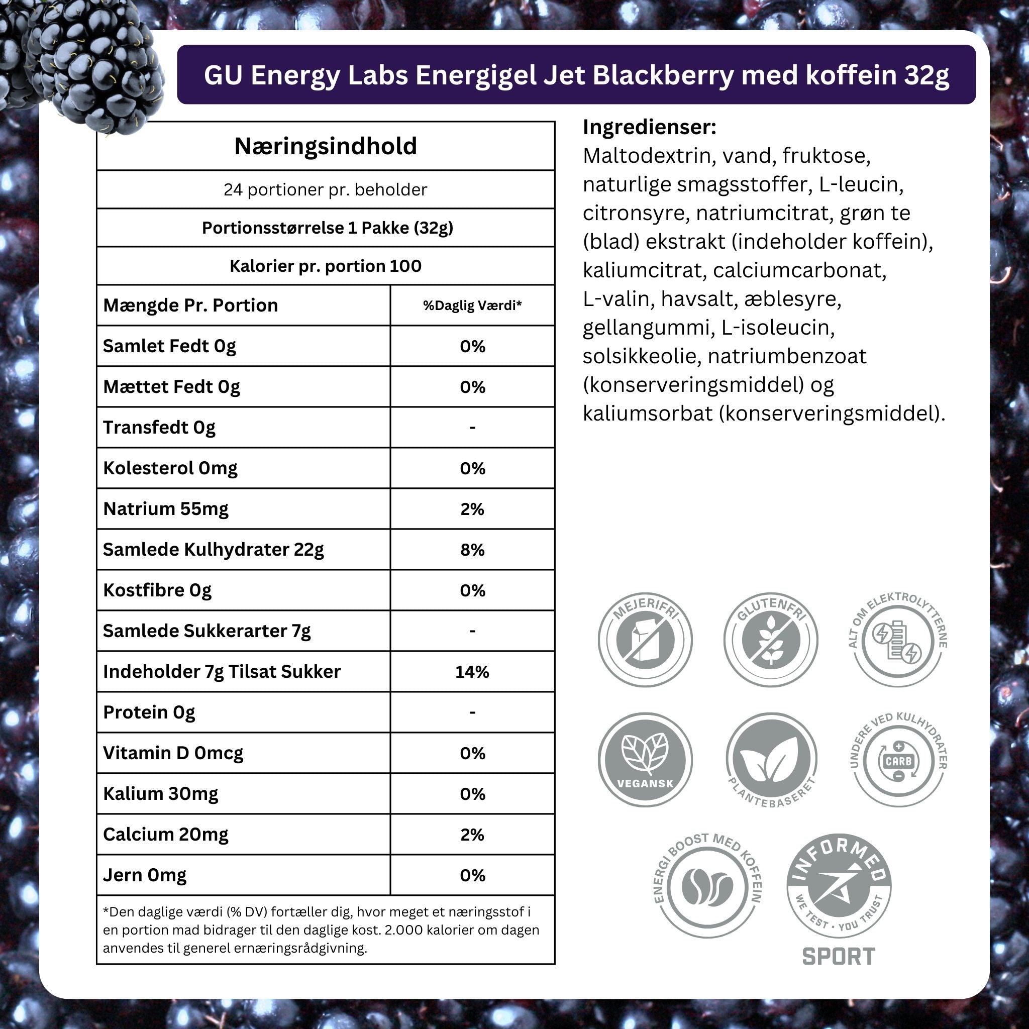 GU Energy Energigel Jet Blackberry med koffein (24 x 32g)