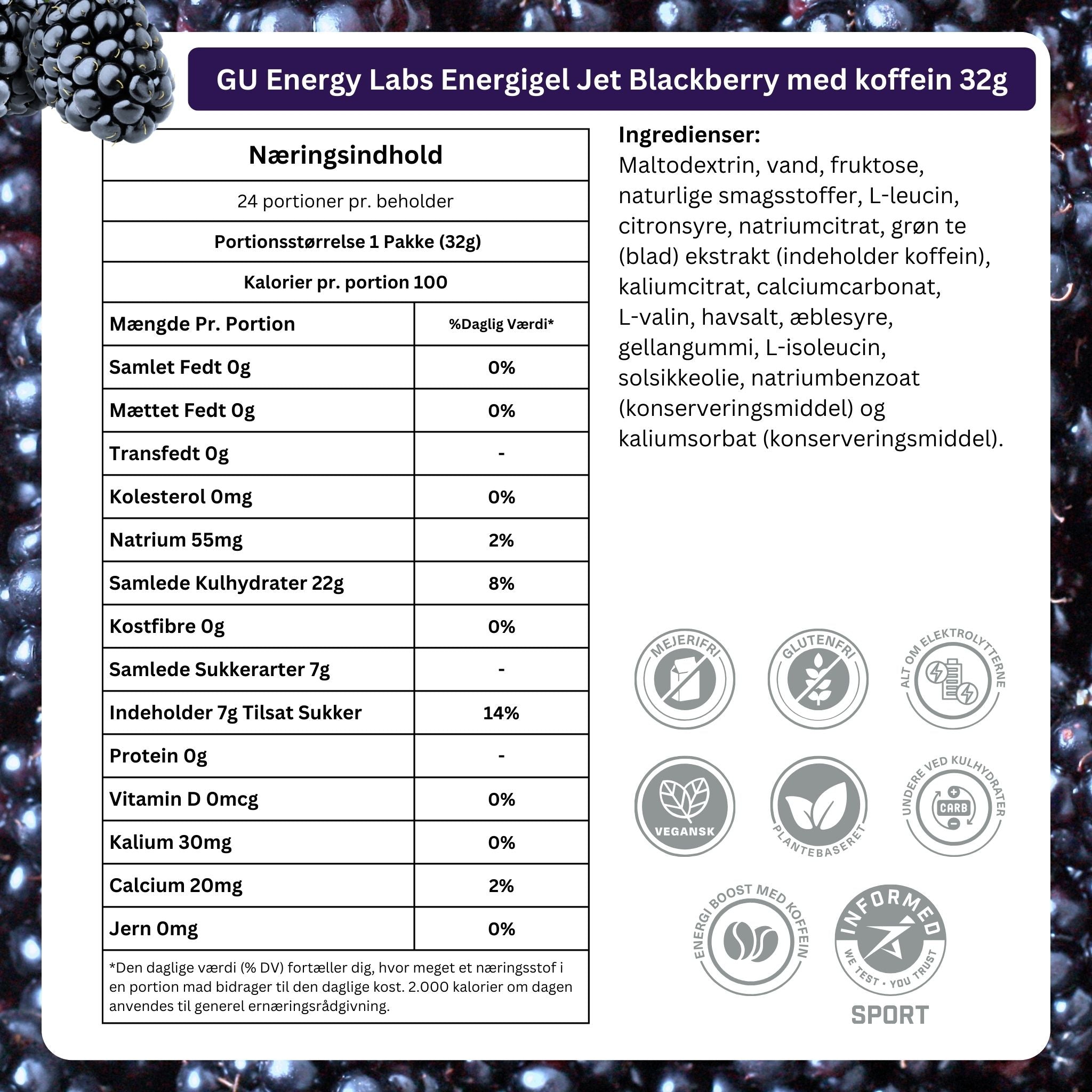 GU Energy Energigel Jet Blackberry med koffein (32g) - DATOVARE
