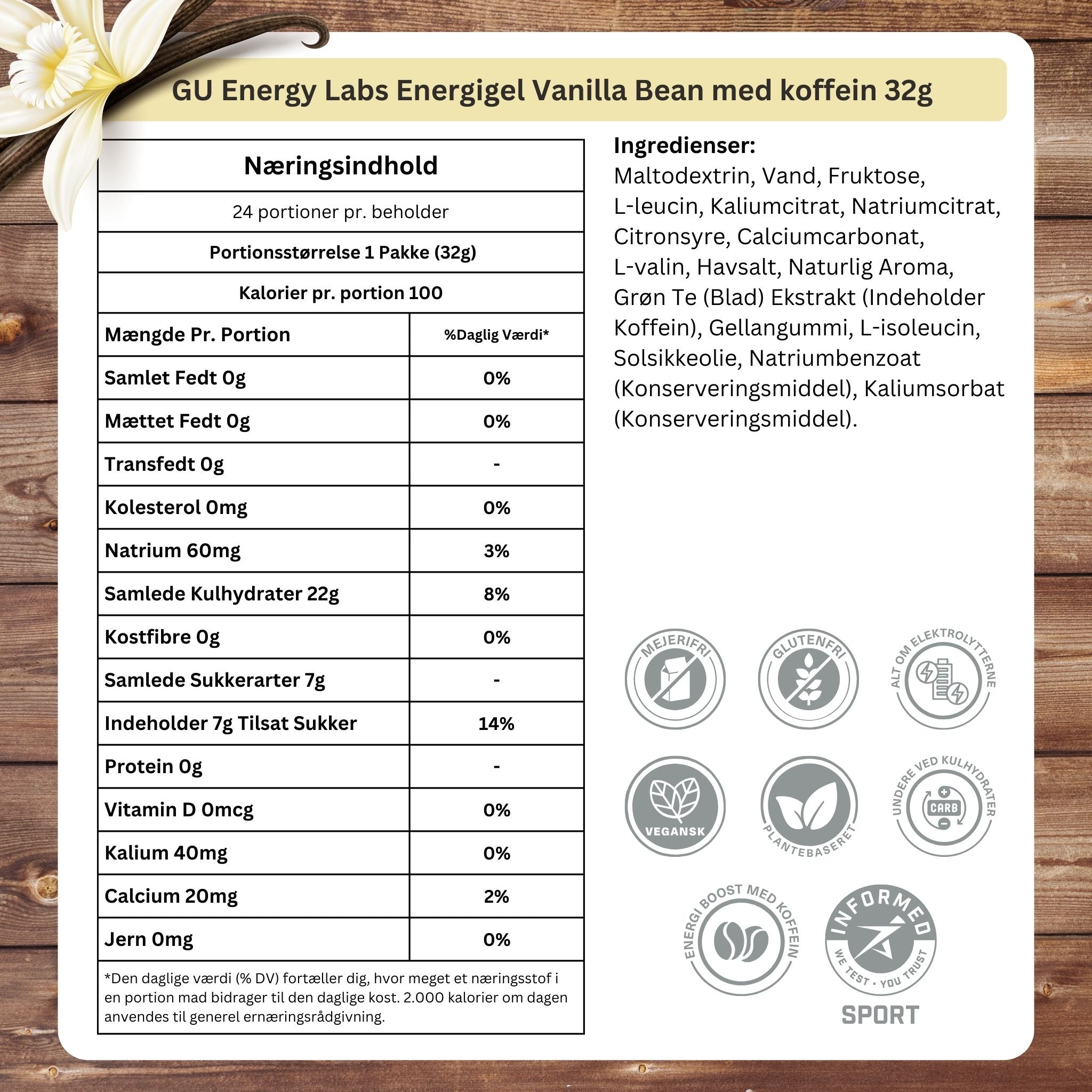 GU Energy Energi gel Vanilla Bean med koffein (24 x 32g)