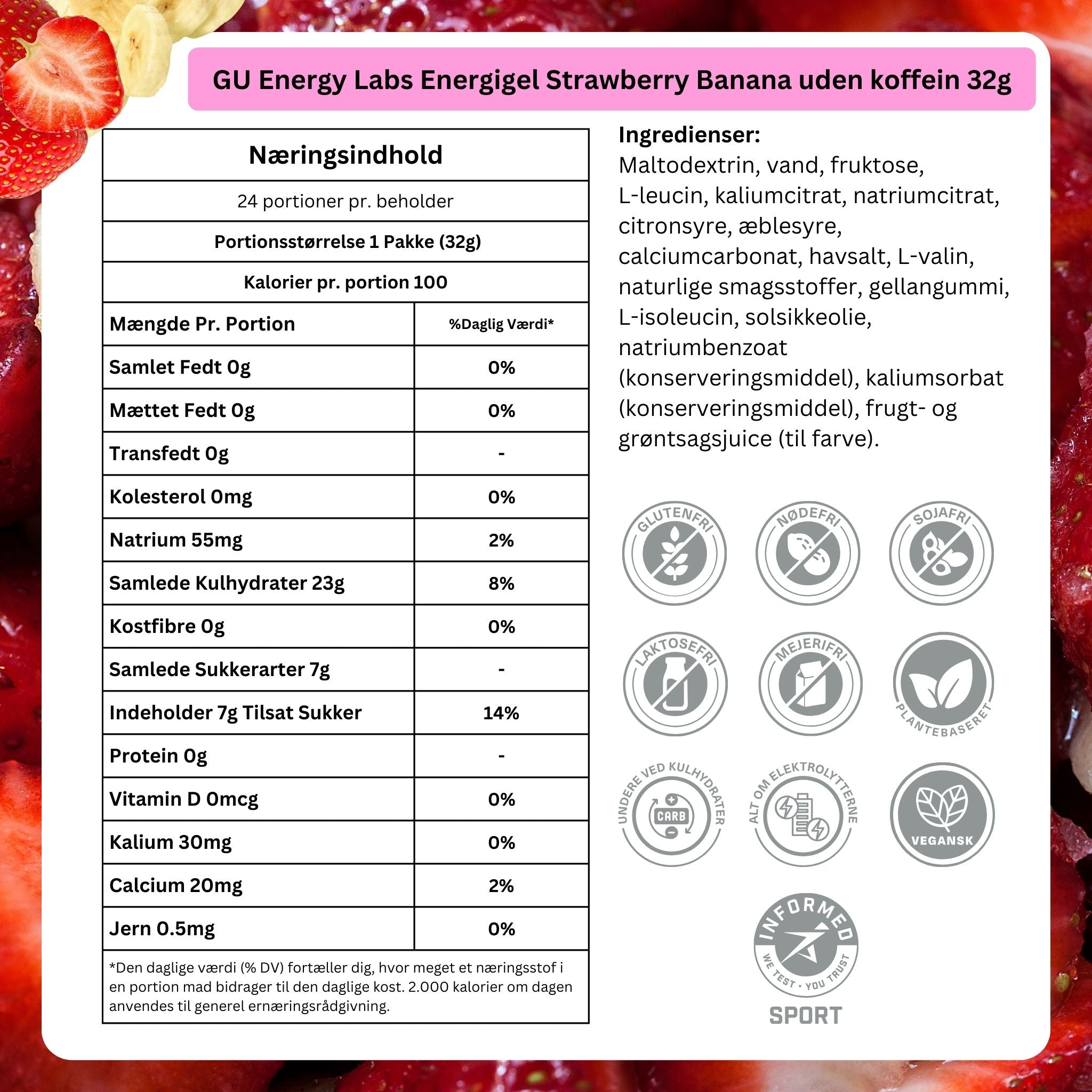 GU Energy Labs Energigel Strawberry Banana uden koffein 32g