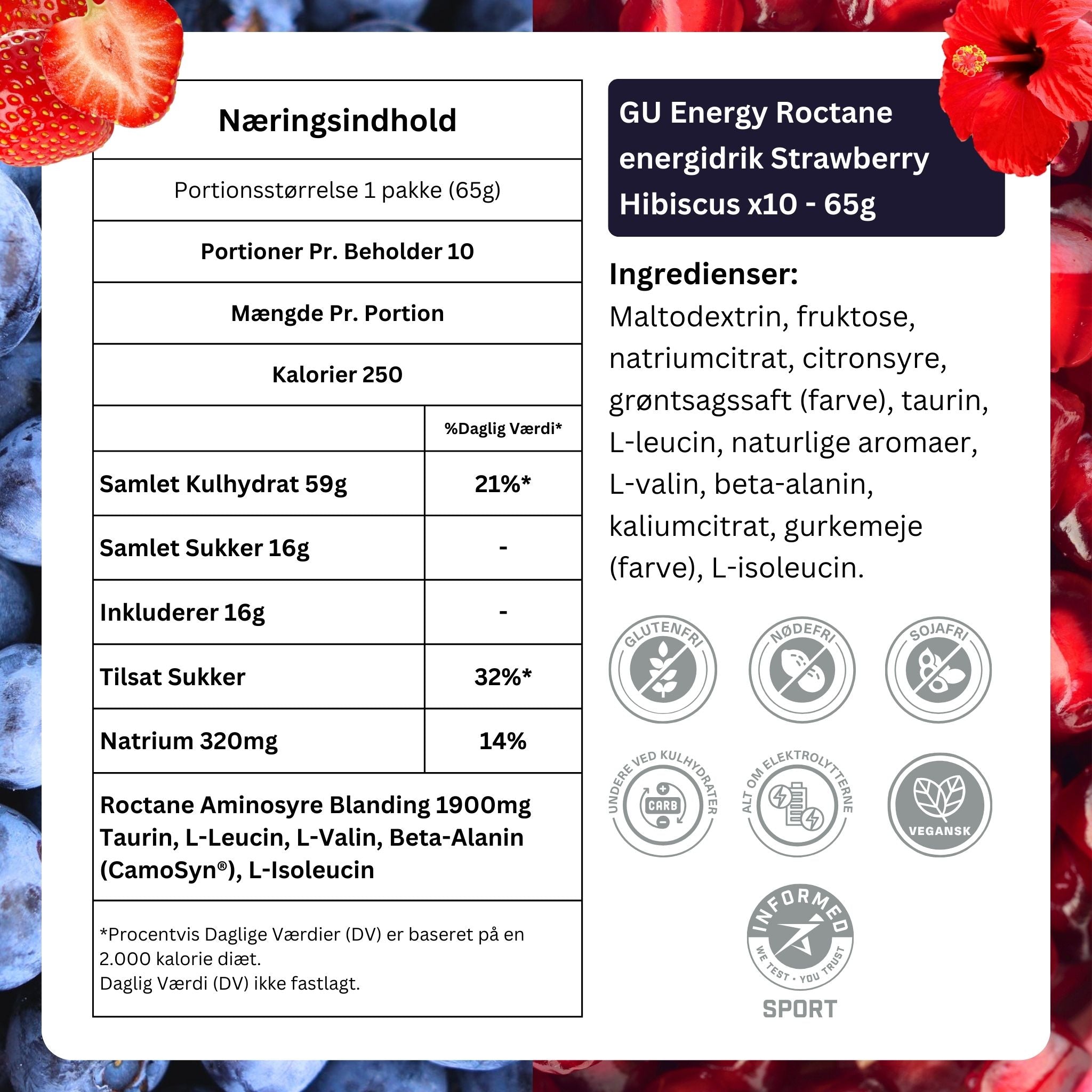 GU Energy Roctane energidrik Strawberry Hibiscus 10x65 g - Danish Ingredients