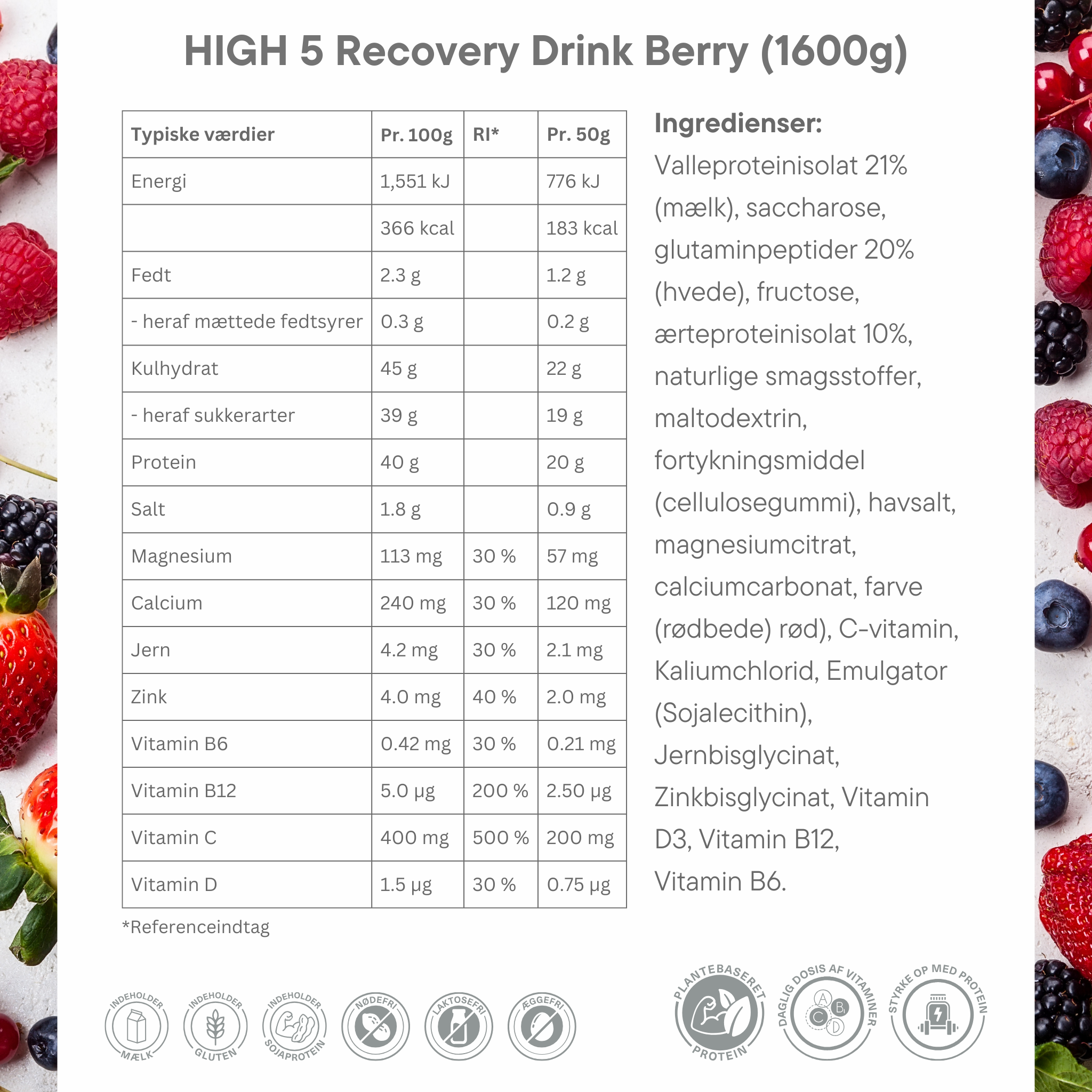 High5 Proteindrik Recovery Berry 1.6 kg - DATOVARE - Ingredients DK