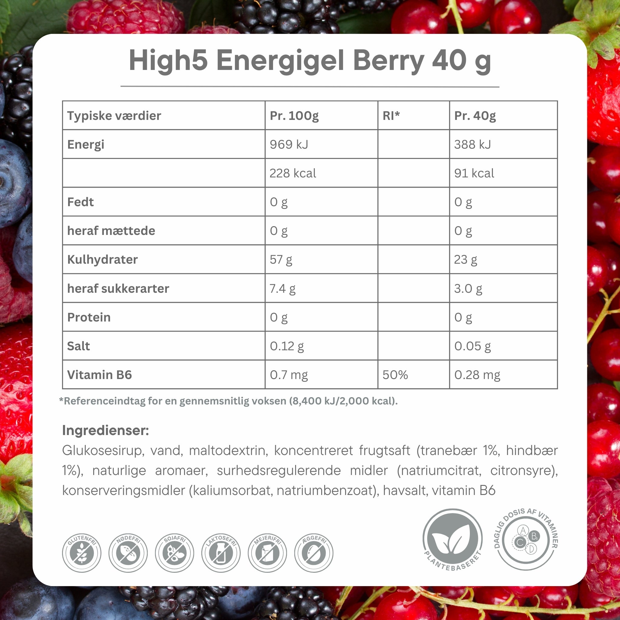 High 5 Energy Gel Berry 40 g single - Ingredients dk