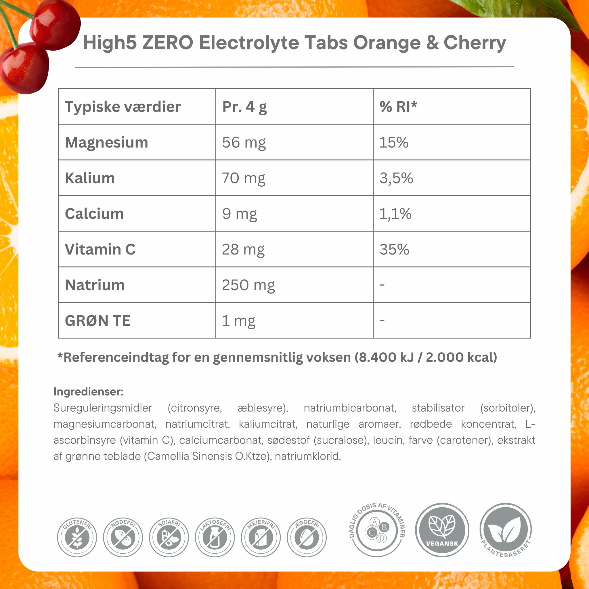 High5 ZERO Electrolyte Tabs Orange & Cherry Ingredients DK - datovare