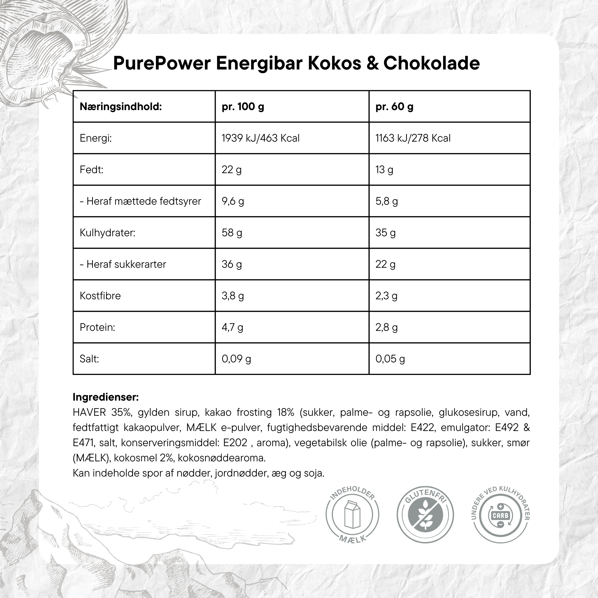 PurePower Energibar Kokos/Chokolade (12x60g) - DATOVARE