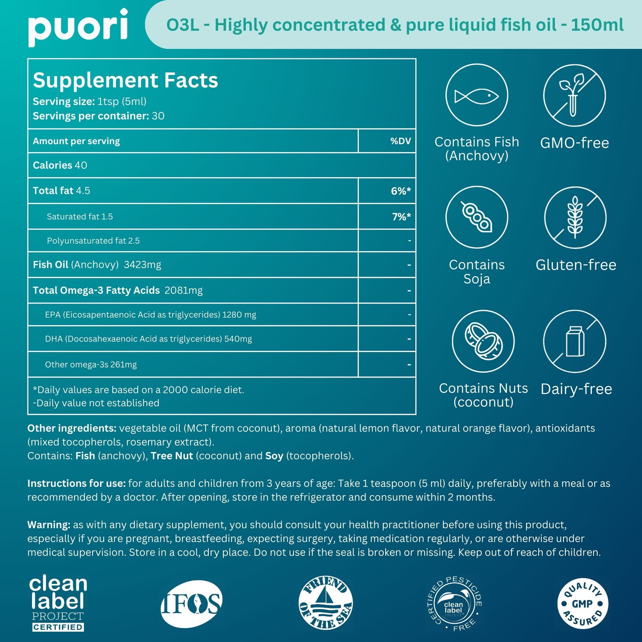 Puori Omega-3 Fish Oil O3 Liquid (150 ml)