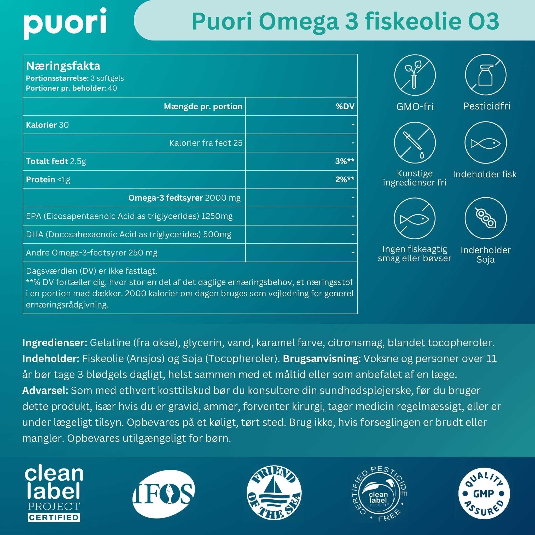 Puori Omega-3 Fish Oil O3 (180 kapsler)