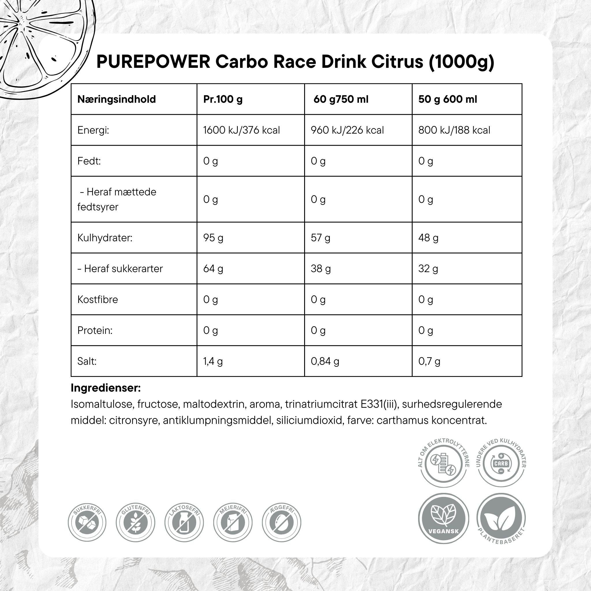 PurePower Carbo Race Electrolyte Energidrik Citrus (1000g)