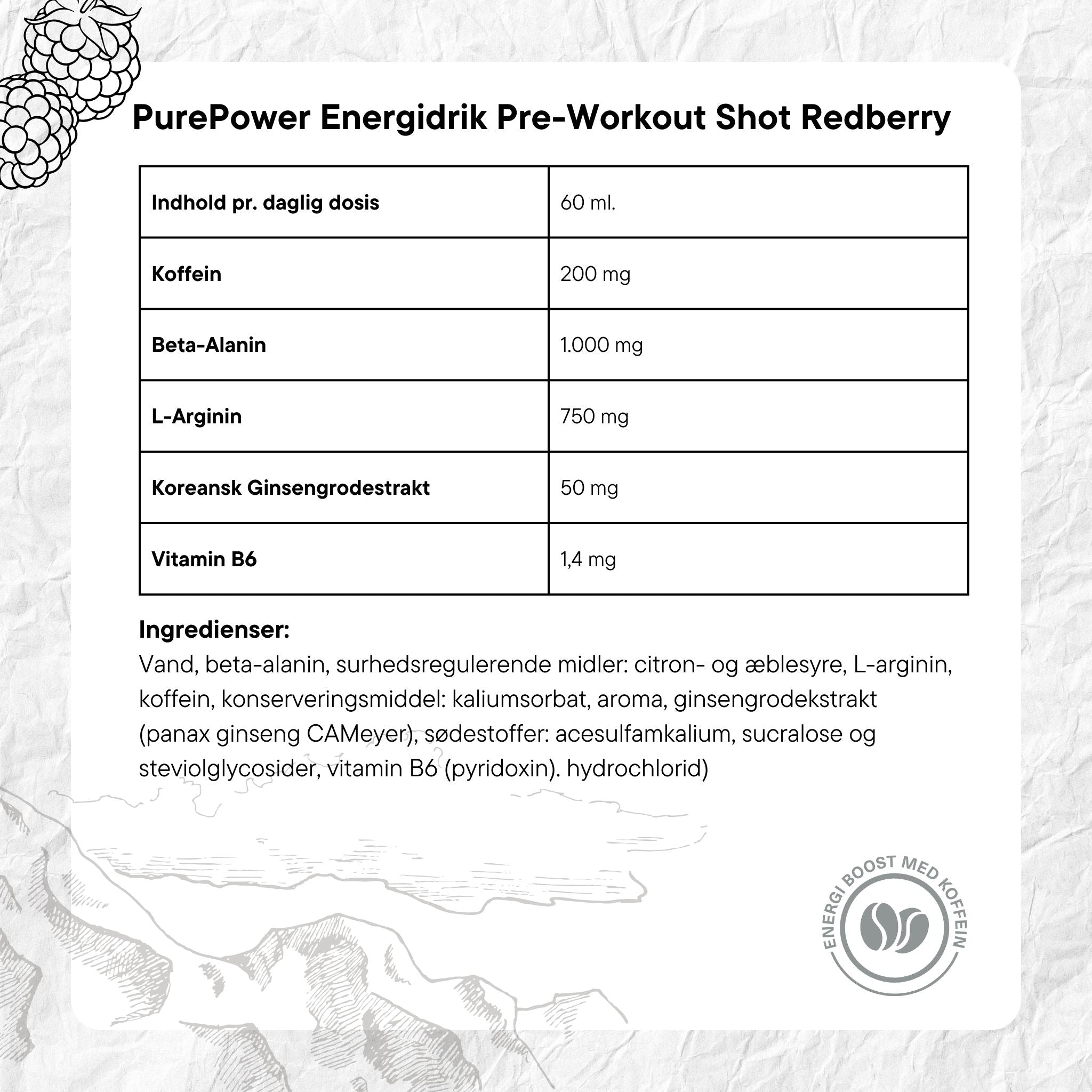 PurePower Energidrik Pre Workout Shot Redberry med Koffein (60ml)