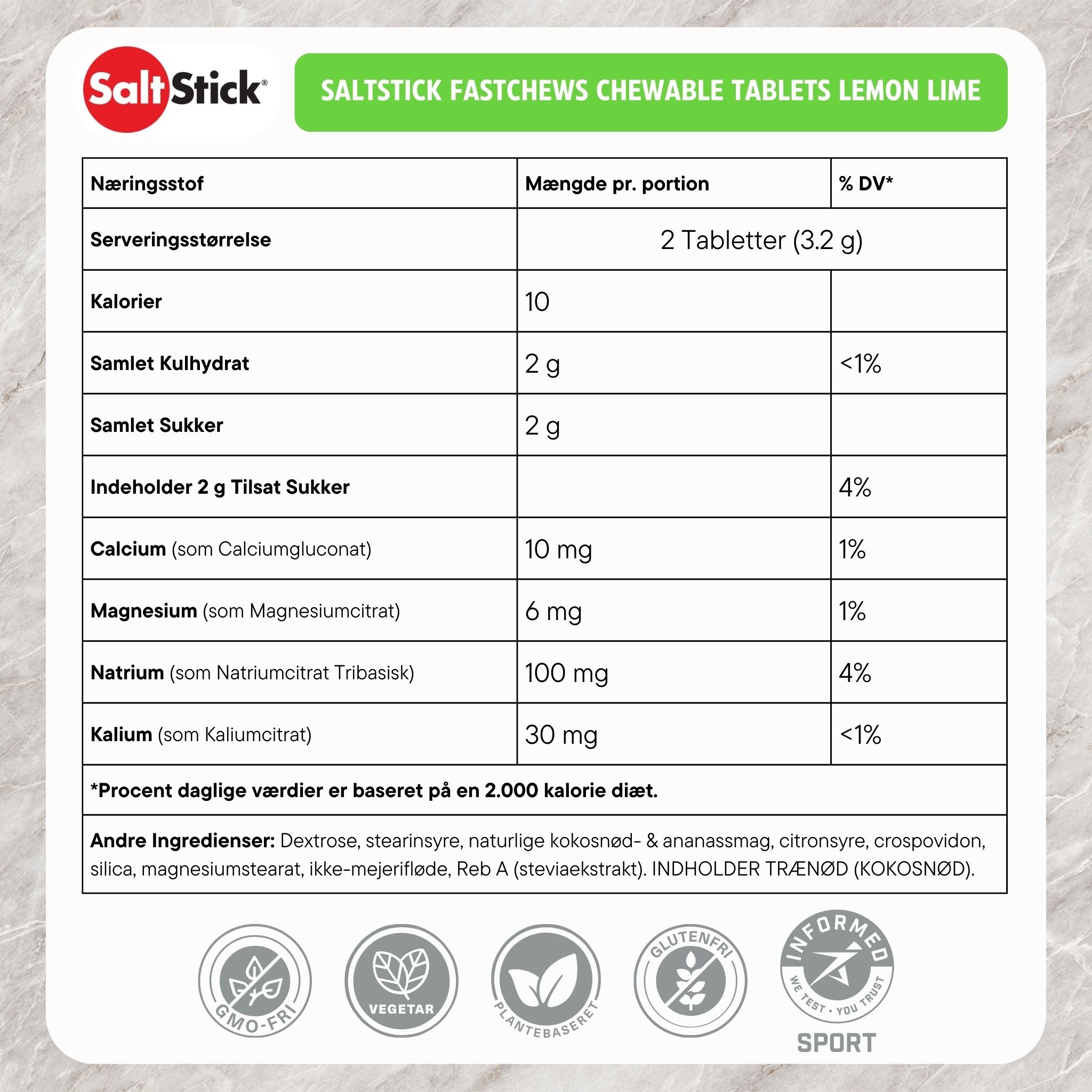 SaltStick_Fastchews_Elektrolyttyggetabletter_Lemon-Lime_60 stk. Danske_Naeringsindhold