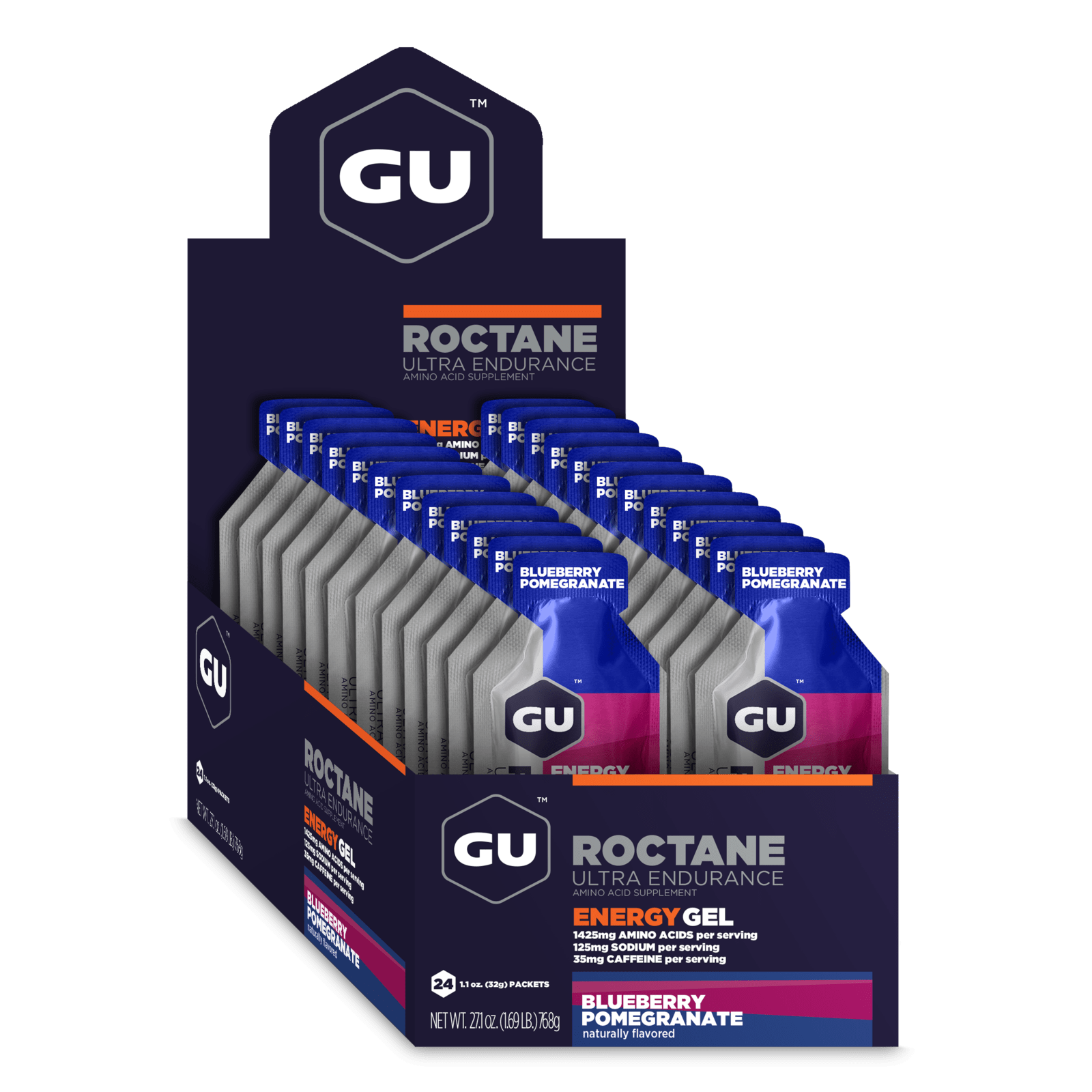 GU Energy Energi gel Roctane Blueberry Pomegranate med koffein (24 x 32g)